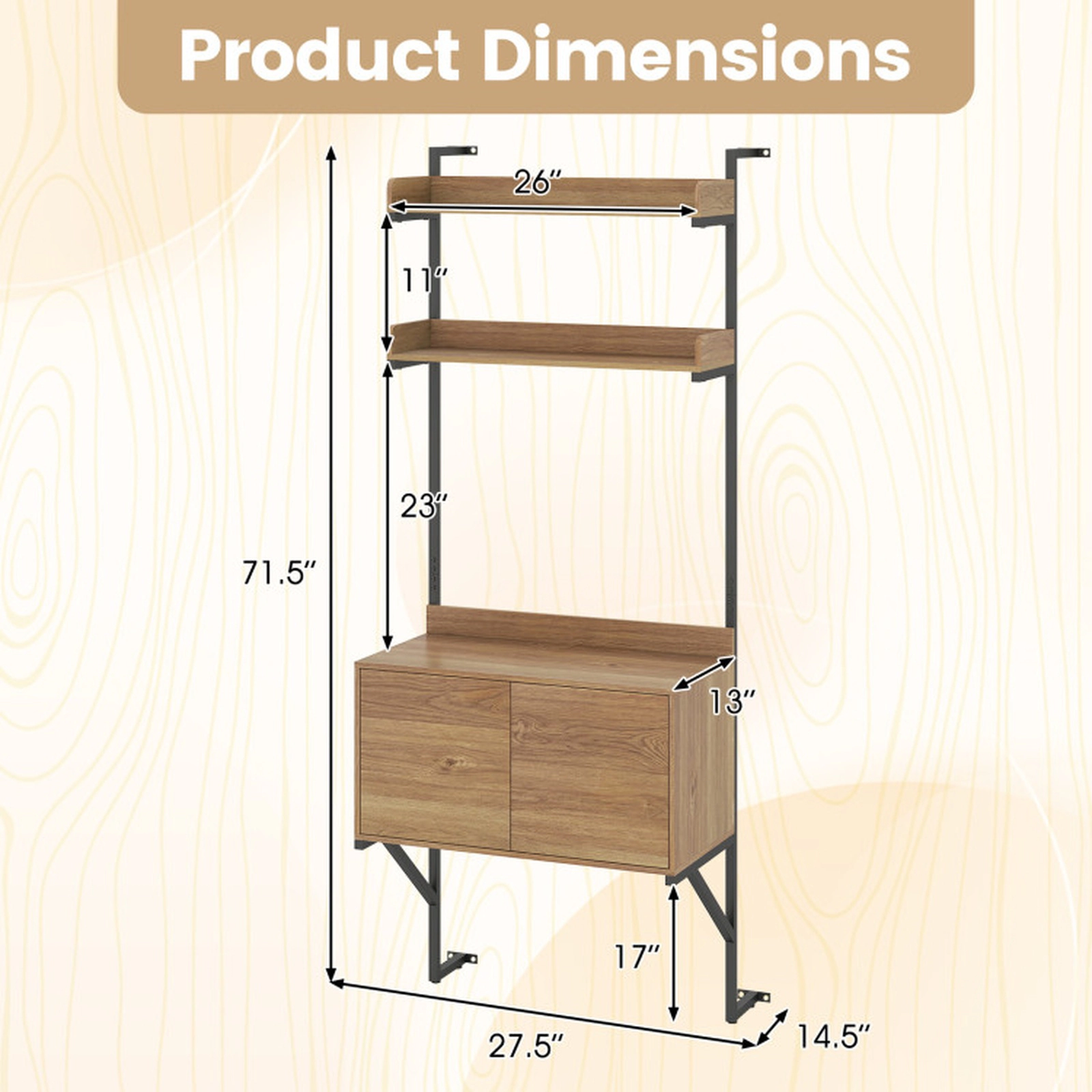 SUGIFT Tall Ladder Shelf Wall Mounted Bookcase with Storage Cabinet 33-lb Shelf Capacity Natural + Black