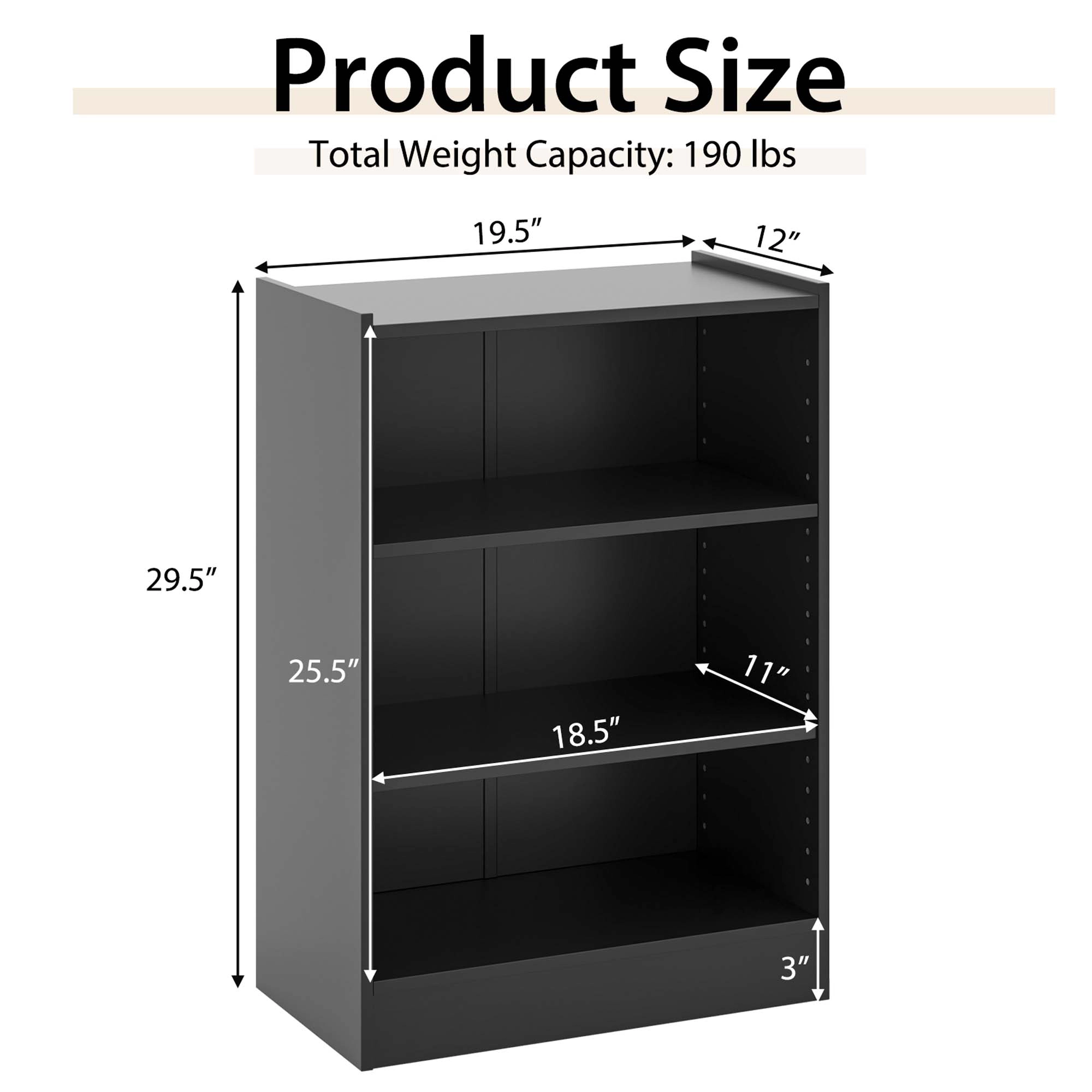 Costway 3-Tier Bookcase Open Multipurpose Display Rack Cabinet with Adjustable Shelves White