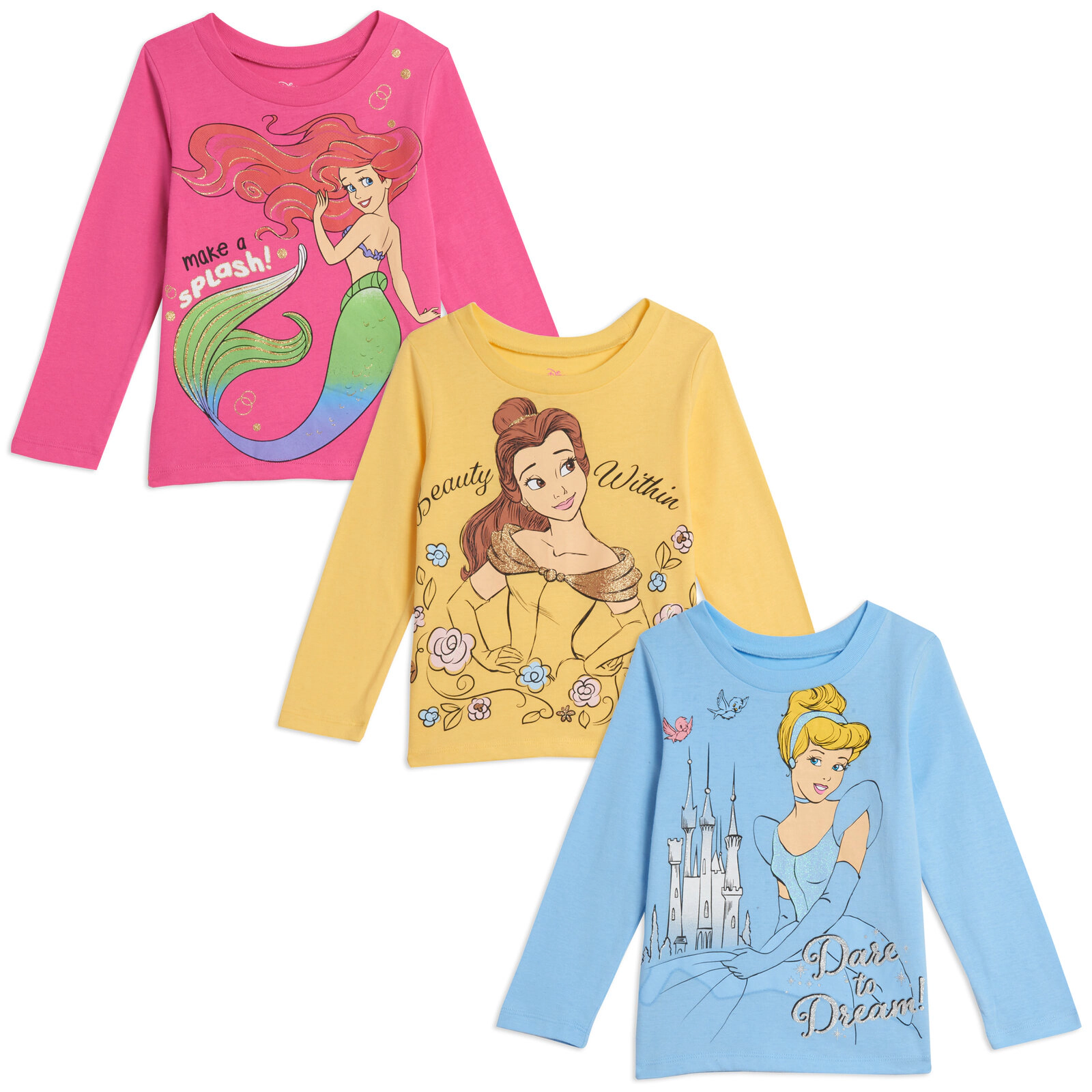 Disney Princess Girls' Glitter Long Sleeve T-Shirt 3-Pack