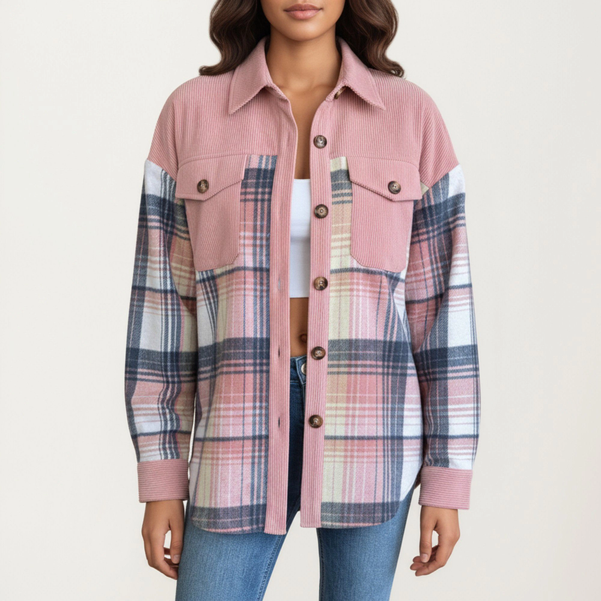 Anna-Kaci Women's Plaid Button Front Shirt Jacket with Soft Corduroy Contrast Long Sleeves Chest Pocket Detail