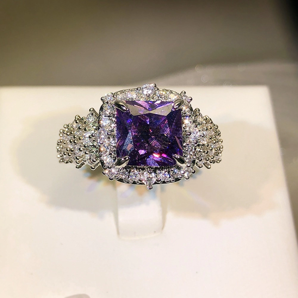 Princess‑Cut Purple Cubic Zirconia Halo Ring Silver‑Tone Luxury Cocktail Engagement Ring for Women
