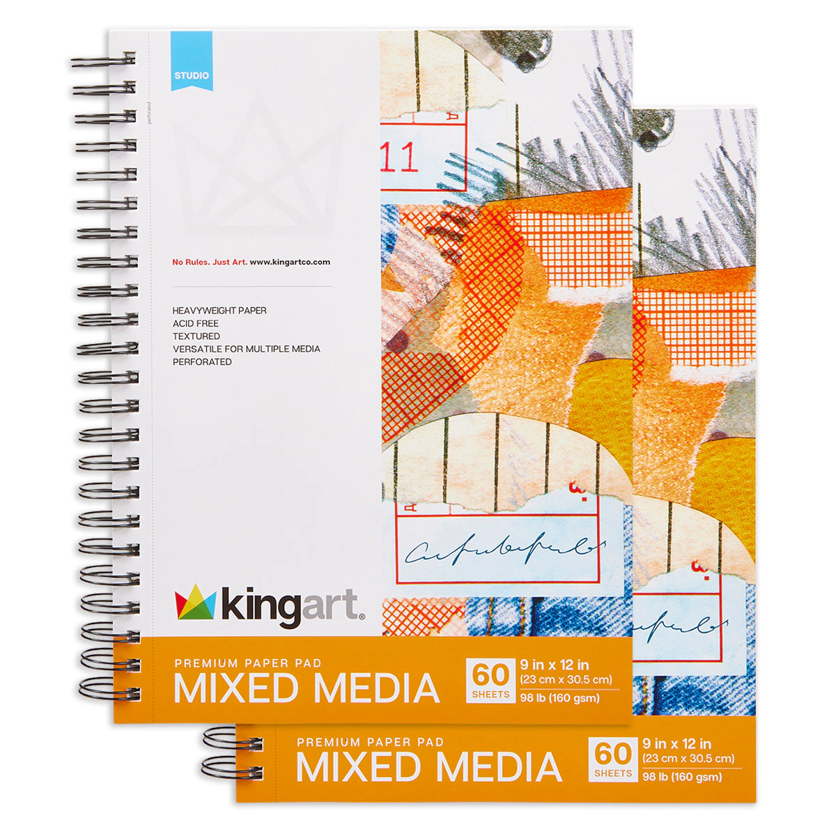 KINGART Mixed Media Sketchbook 9 x 12 in - 2 Pack - 60 Sheets - 98lb/160gsm - Spiral-Bound