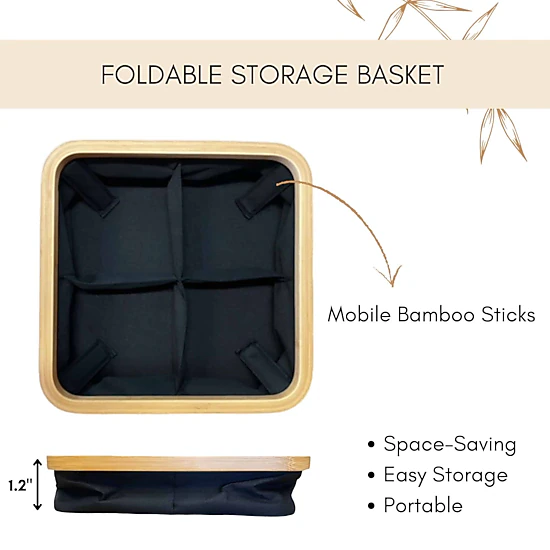 Evideco French Home Goods Black Bamboo-Frame Foldable Storage Basket 15 x 10 x 6 in