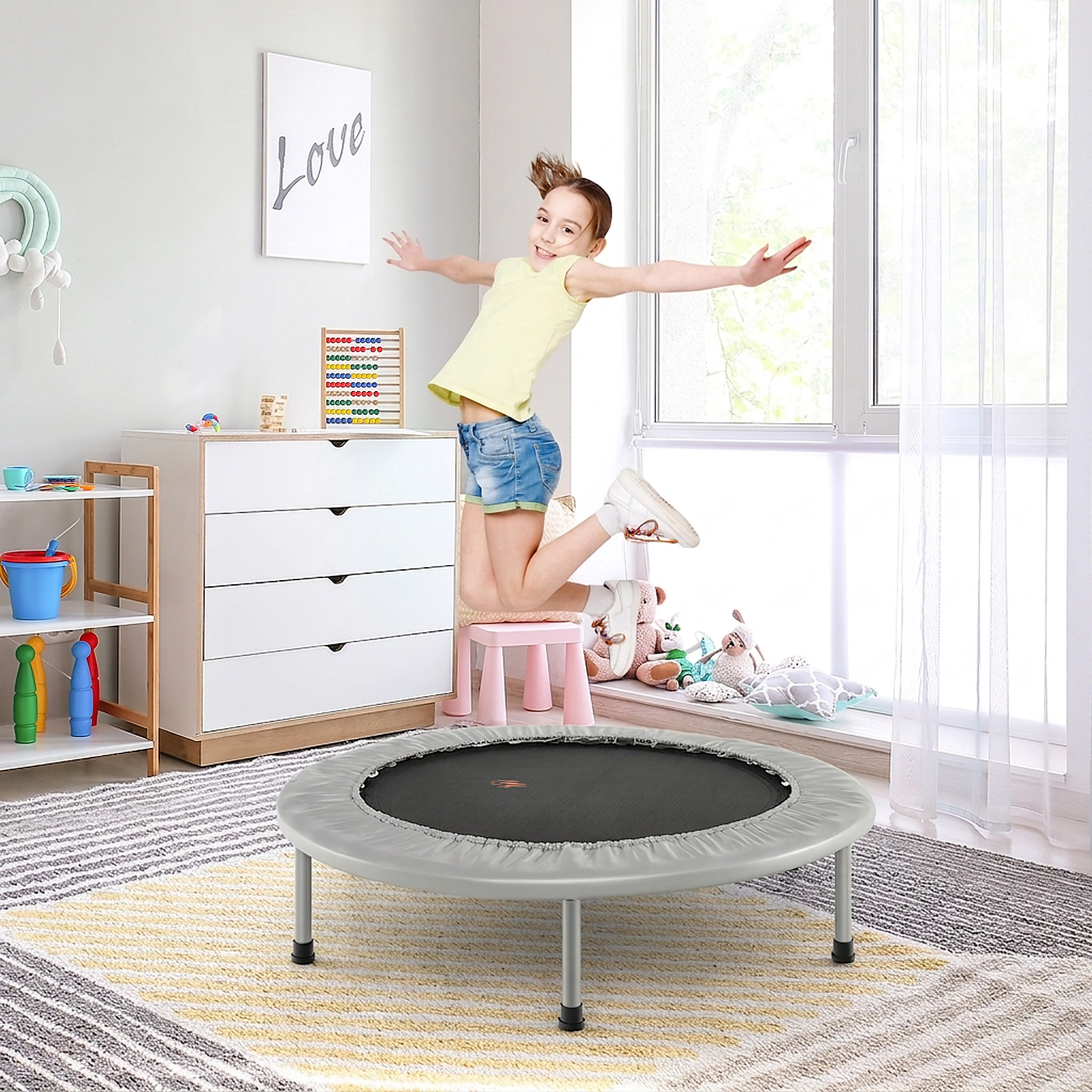 38-in Mini Trampoline Adults Folding Rebounder Trampoline 330-lb Capacity 32 Springs 6 Legs Fitness Gray