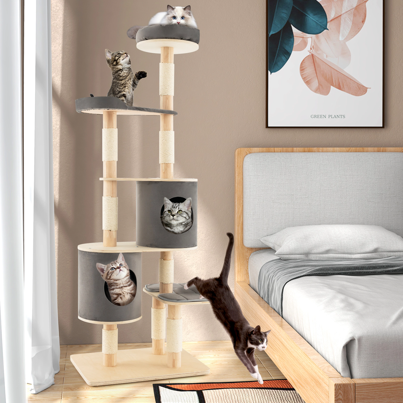 SUGIFT 6-Tier Wooden Cat Tree with 2 Removable Condos Platforms and Perch 35-lb Capacity 75-in Tall Natural & Gray