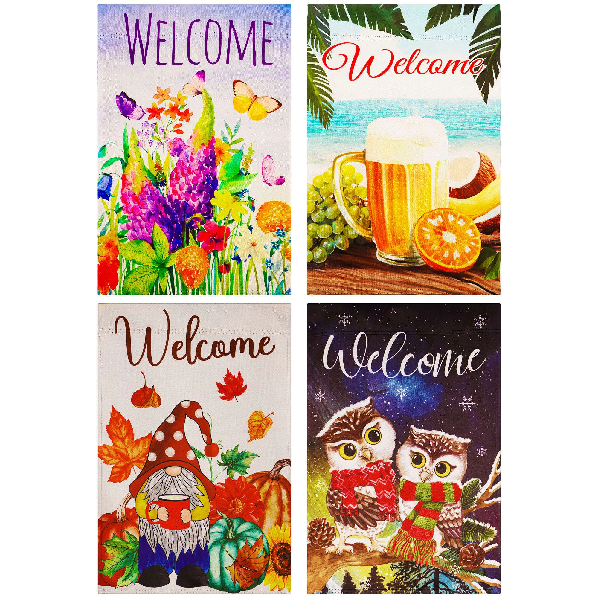 G128 Four Seasons Gnome Garden Flag Set 4-Pack - 12 x 18 Inch Double-Sided Blockout Fabric