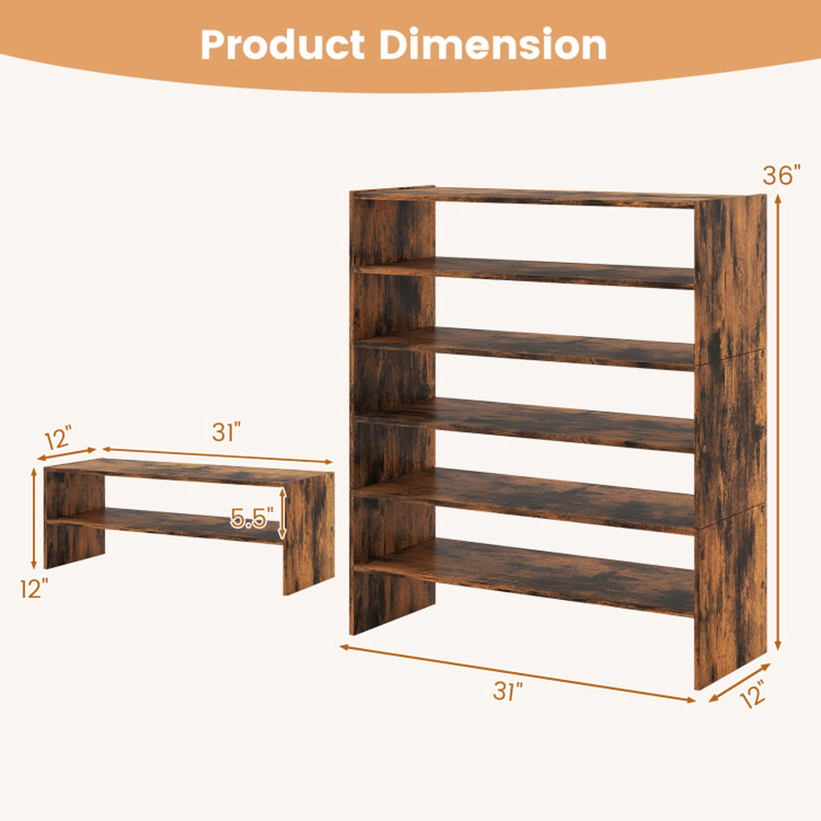SUGIFT Rustic Brown Anti-Tipping Device 31 Inch Entryway Shoe Organizer 6-Tier Shoe Rack