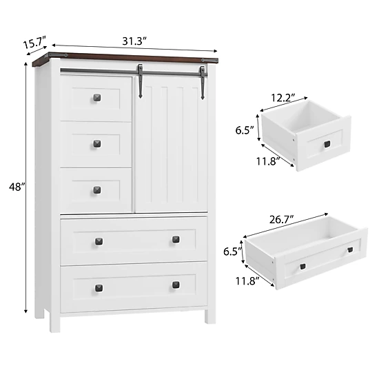 BebreezChic Farmhouse 5-Drawer Dresser for Bedroom, Wood Chest with Sliding Barn Door, Adjustable Shelf
