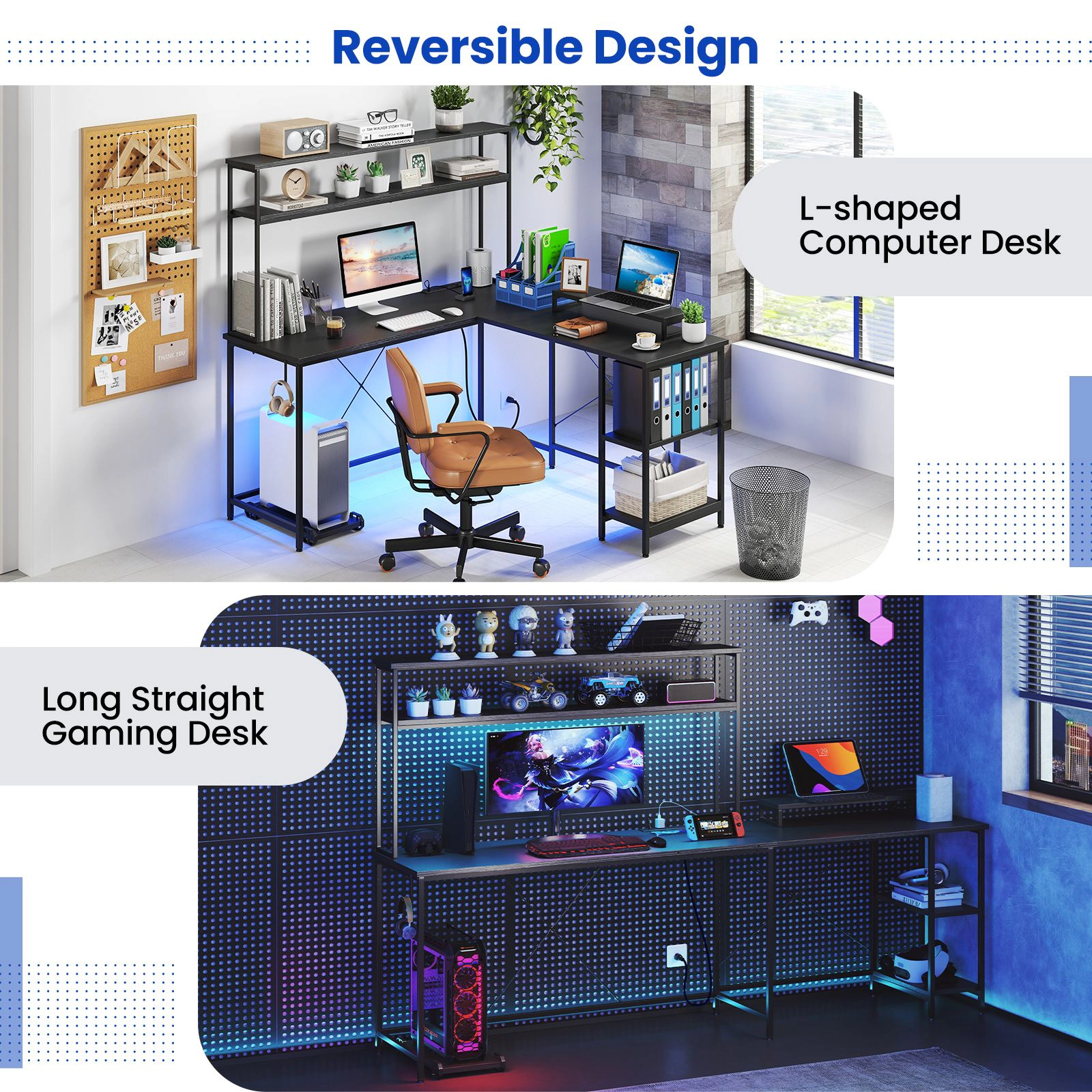 SlickBlue L Shaped Gaming Desk with LED Lights Power Strip Storage Shelves
