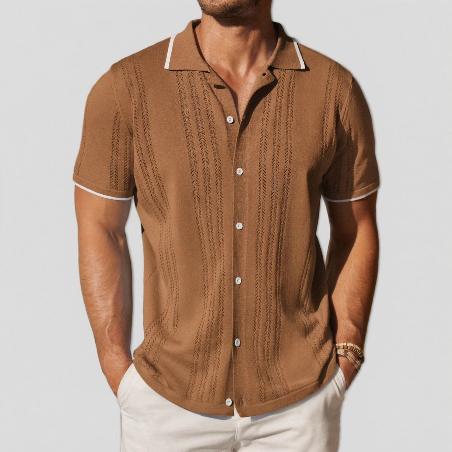 COOFANDY Mens Vintage Knit Short Sleeve Shirts Contrast Trim Button Down Casual Tops