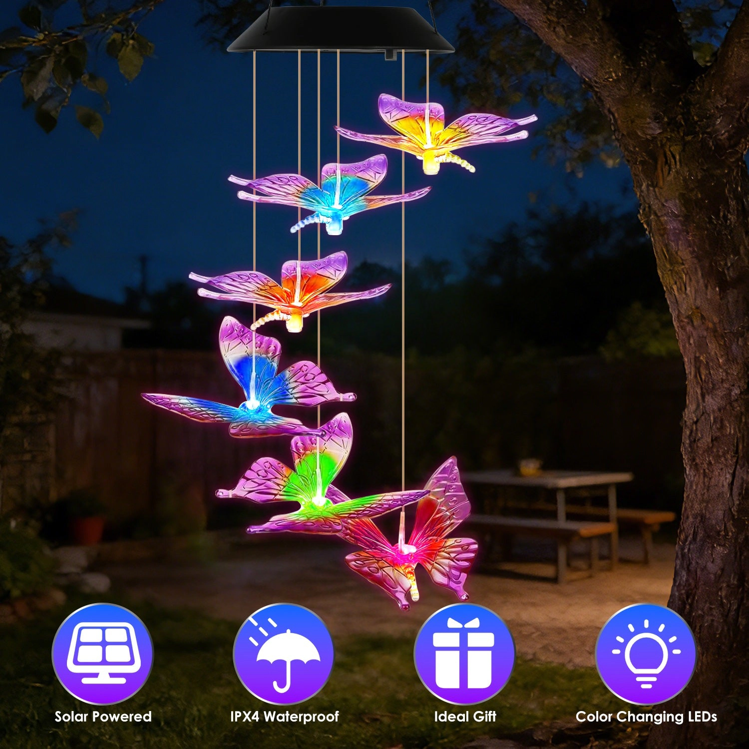 GBruno Solar Butterfly Wind Chimes 7-Color Changing