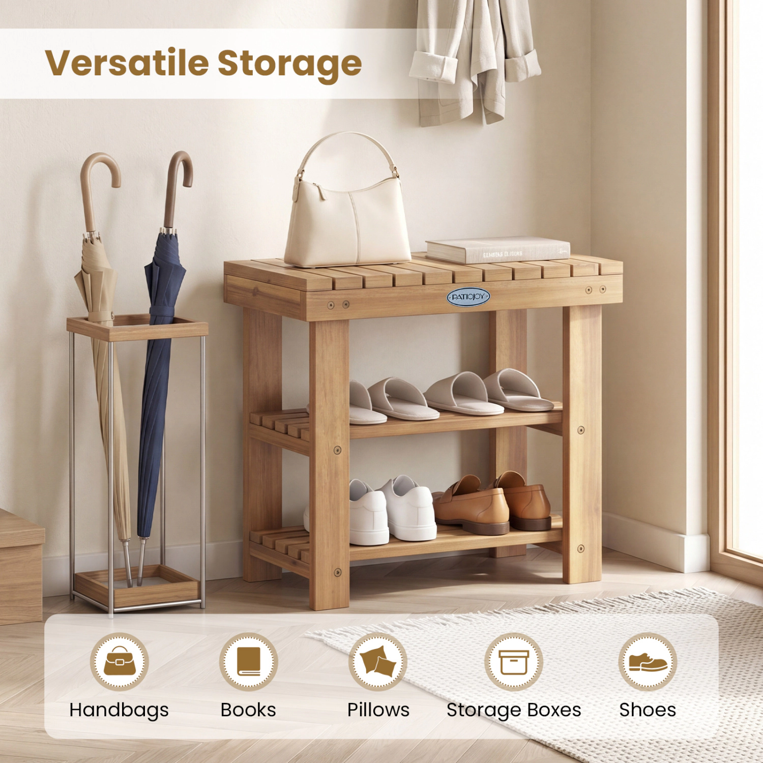 SlickBlue Solid Wood Entryway Shoe Bench with Storage Shelf