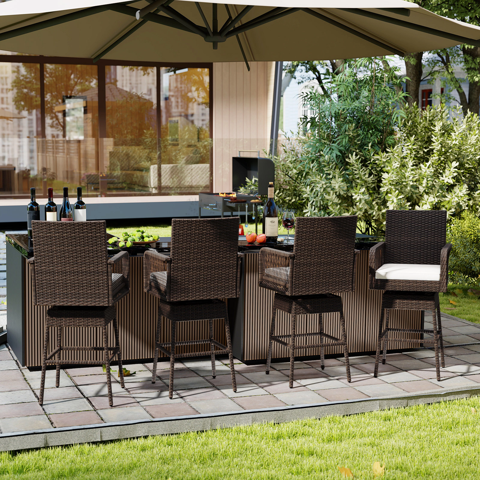 LJG 29 Inches Patio 360° Swivel Bar Stool with Cross-Woven Armrests and Seat Cushion