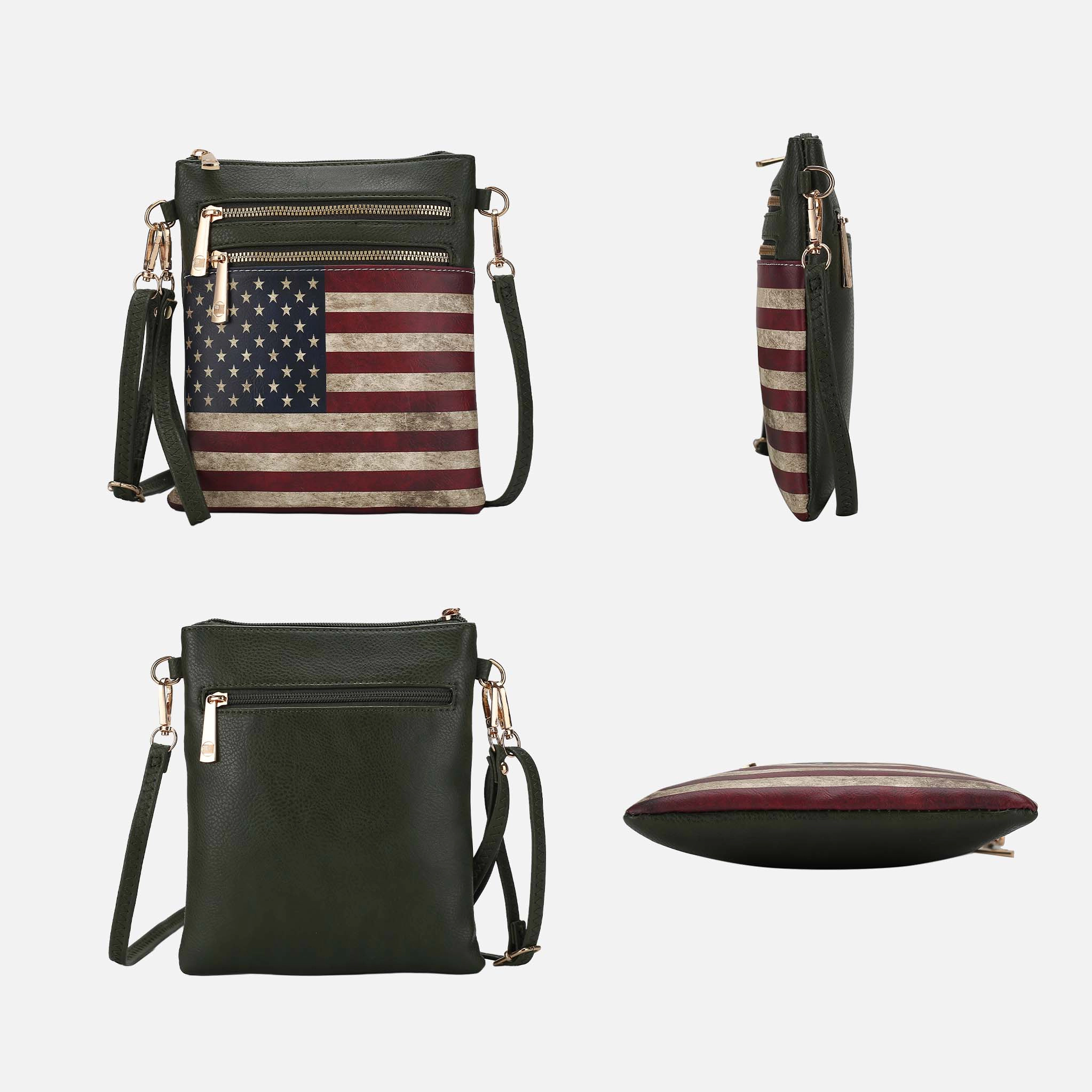 Mia K Collection Genesis Crossbody Bag - Vegan Leather Patriotic Flag Print, Removable Adjustable Strap