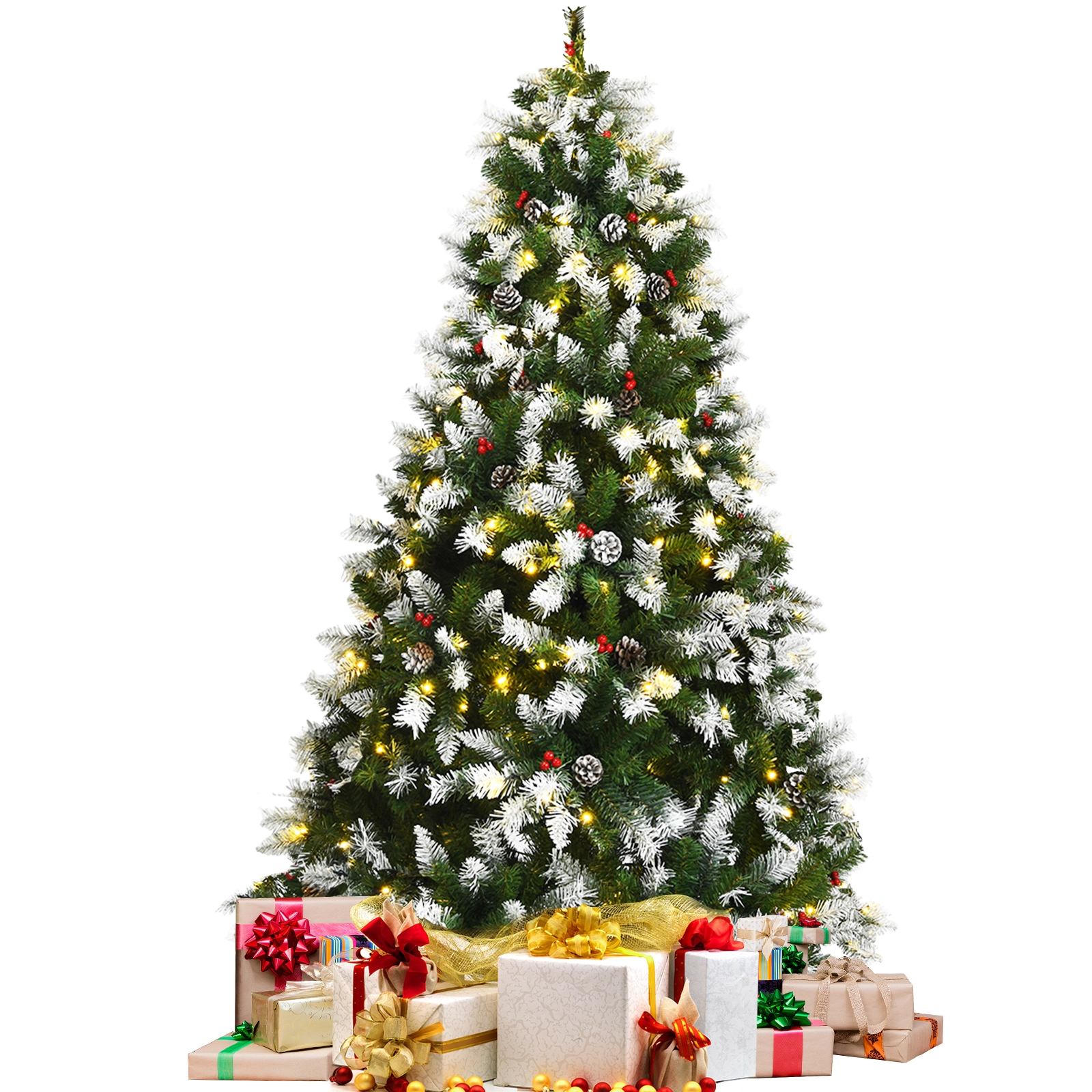 SlickBlue Pre-Lit Snow Flocked Christmas Tree with Pine Cones