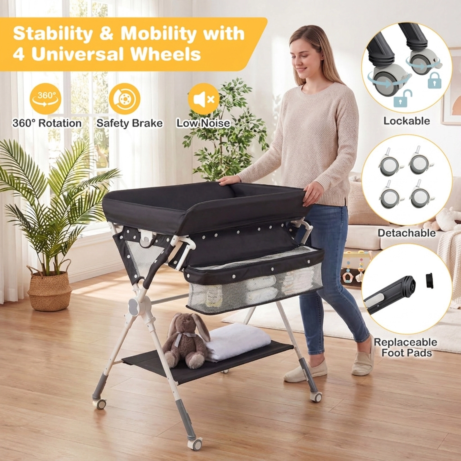 SUGIFT Foldable Baby Changing Table Black with Drying Rack Storage Bag and Shelf