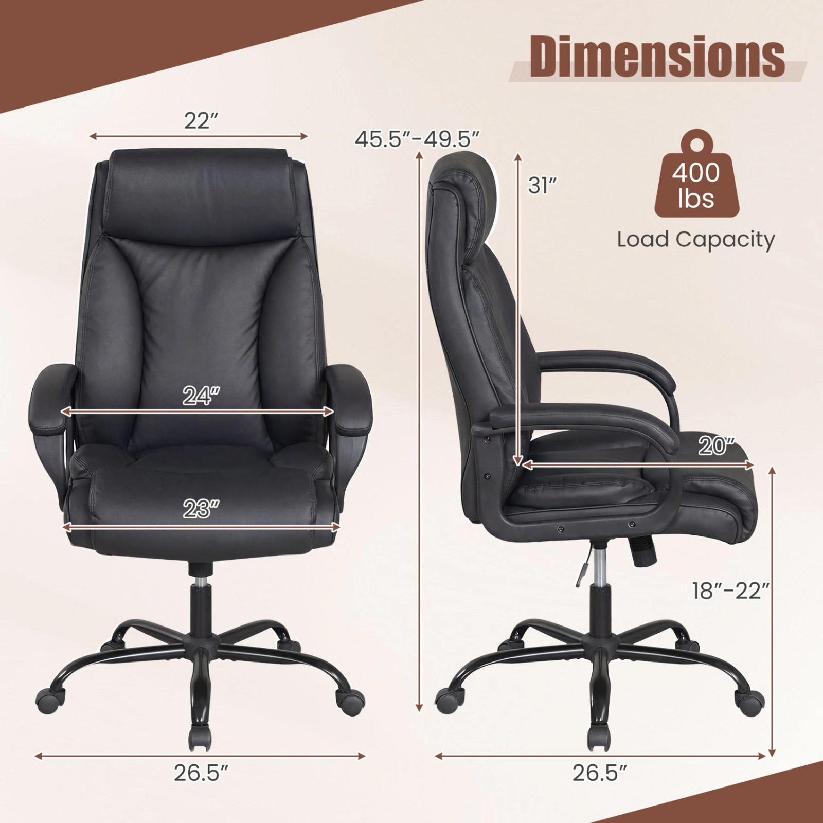 SUGIFT Big and Tall Executive Office Chair, 400 lb Capacity, PVC Leather, Wide High Back, Brown/Black