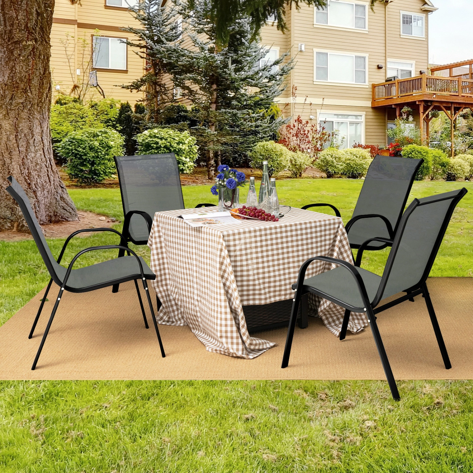 SUGIFT Set of 2 Grey Stackable Outdoor Patio Dining Chairs, Anti-Rust Steel Frame