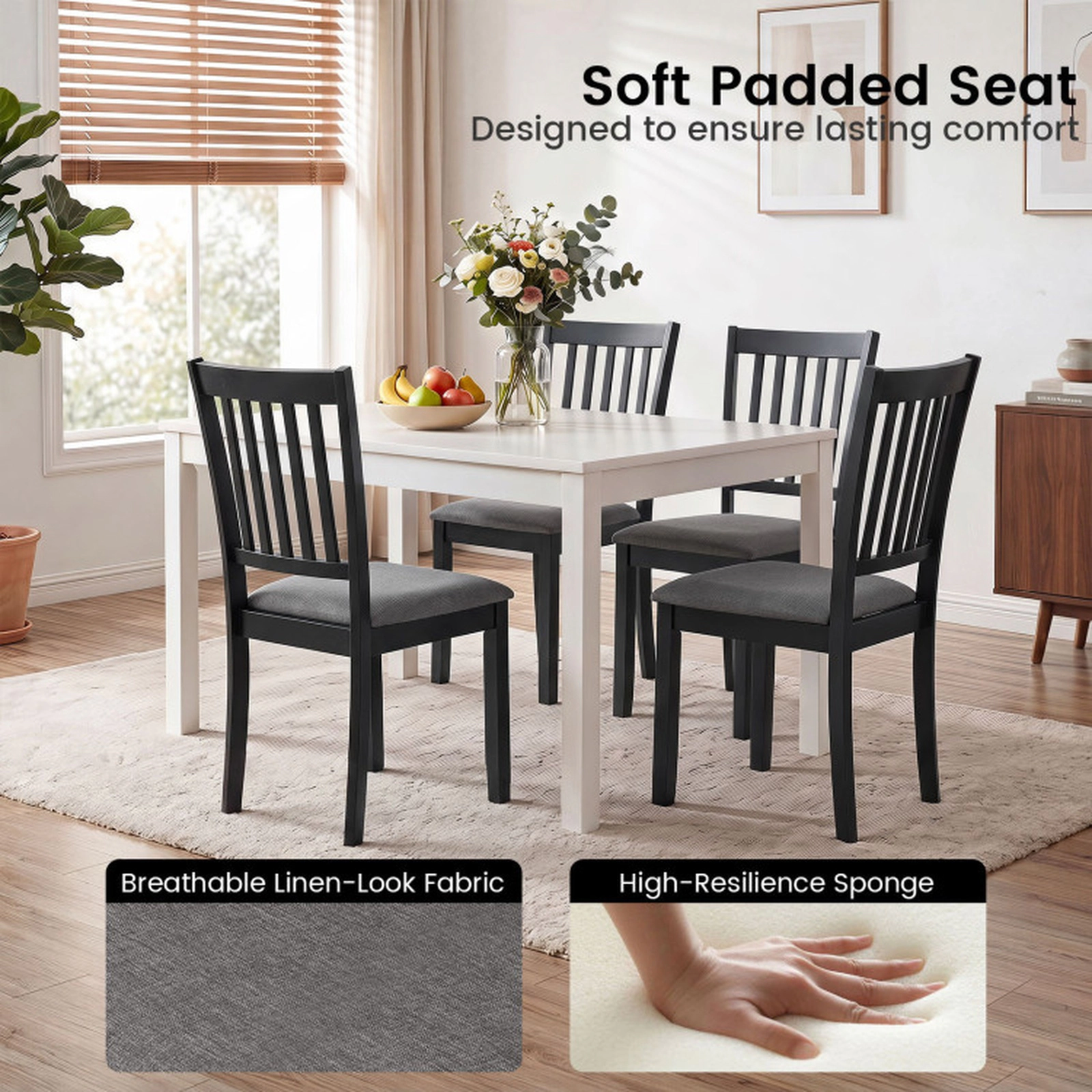 SUGIFT Black Wooden Upholstered Padded Seat and Rubber Wood Frame Set of 4 Dining Chairs