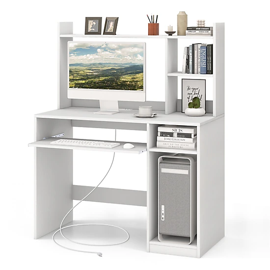 SUGIFT Home Office Computer Desk Hutch Keyboard Tray CPU Stand 210-lb Desktop Capacity 2 Outlets 2 USB Ports White/Black