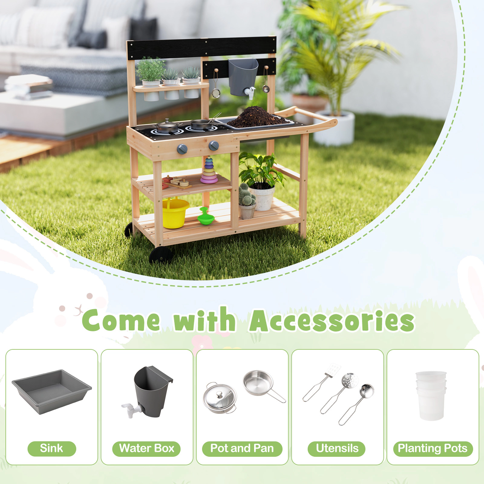 SUGIFT Natural Blackboard Planting Pots and Wheels Outdoor Kids Fir Wood Play Kitchen