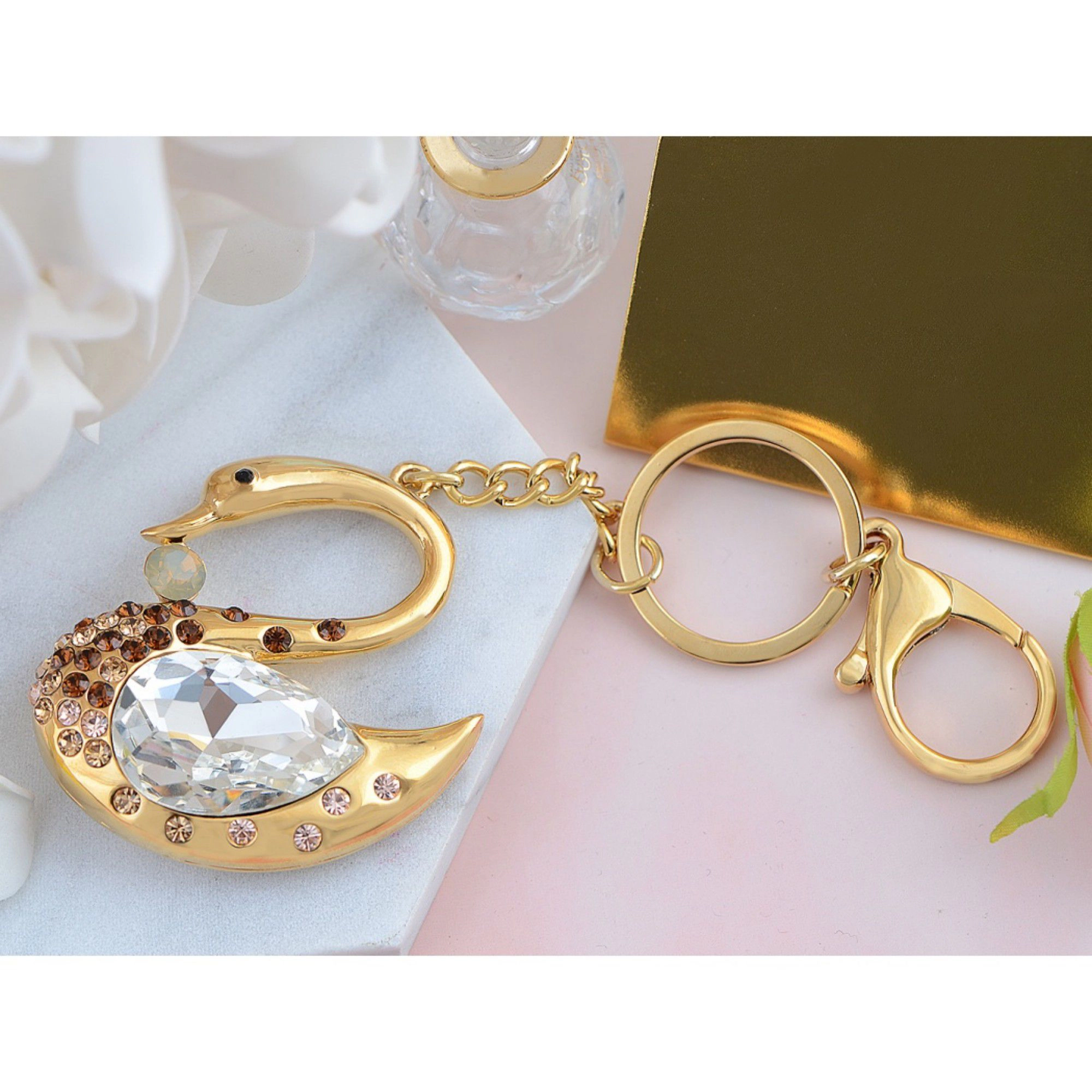 Alilang Women's Swan Keychain Charm with Faceted Teardrop Stone and Crystal Accent Body