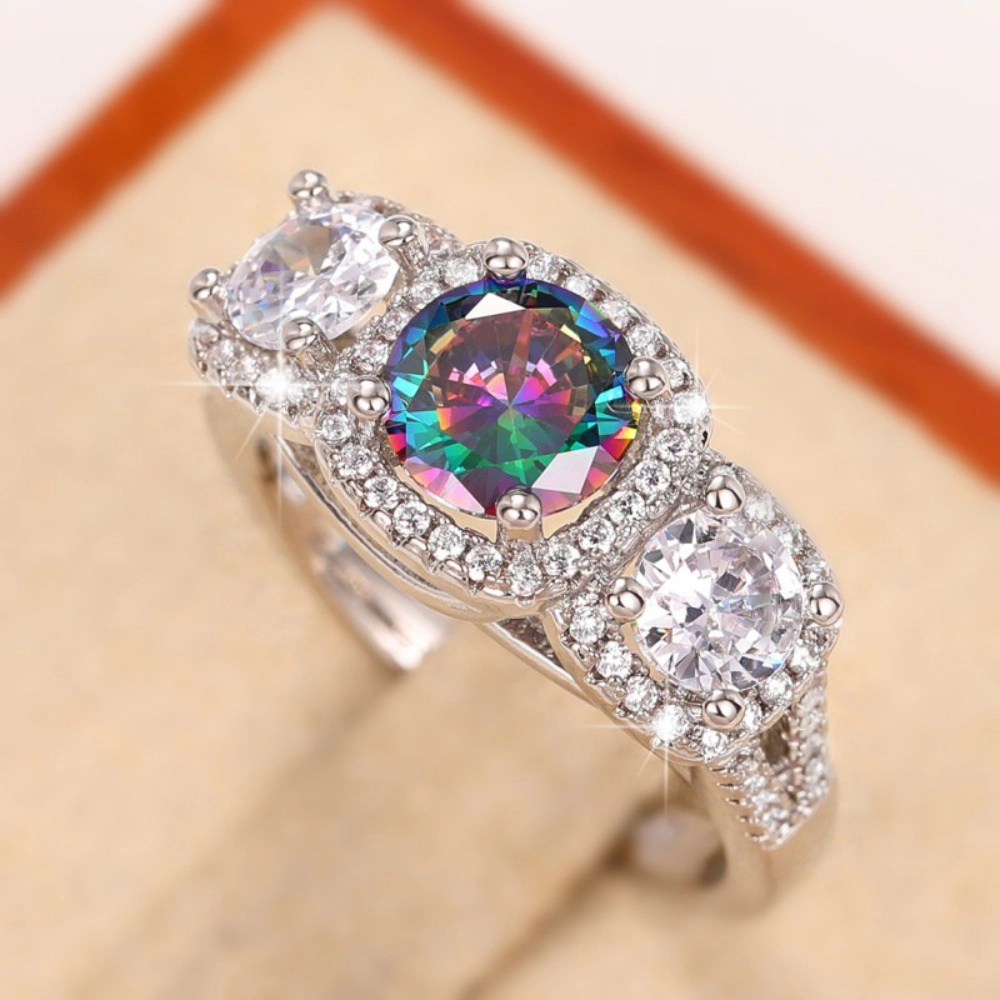 Round Rainbow Cubic Zirconia Statement Cocktail Rings for Women