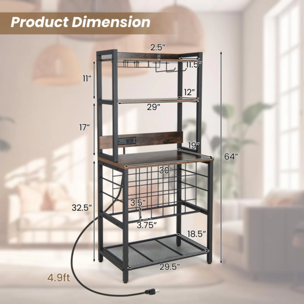 Hivvago Wine Bar Cabinet Wine Rack with 4 Tier Storage Shelves and Glass Holders-Brown