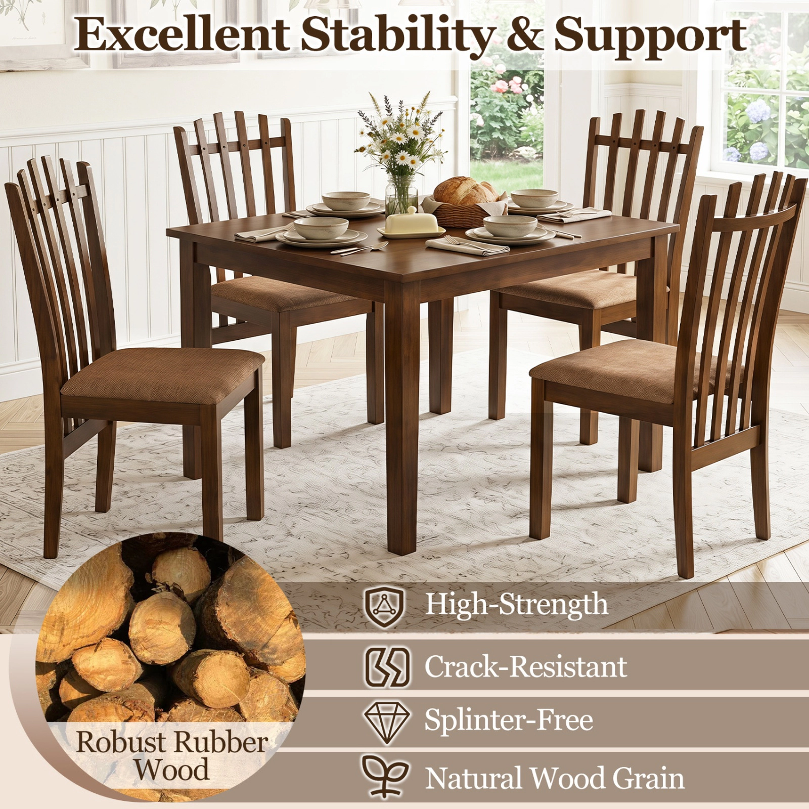 SUGIFT Rubber Wood Slat Back Kitchen Dining Chairs Set of 2 with Cushioned 18-in Seat 330-lb Capacity Walnut+Brown
