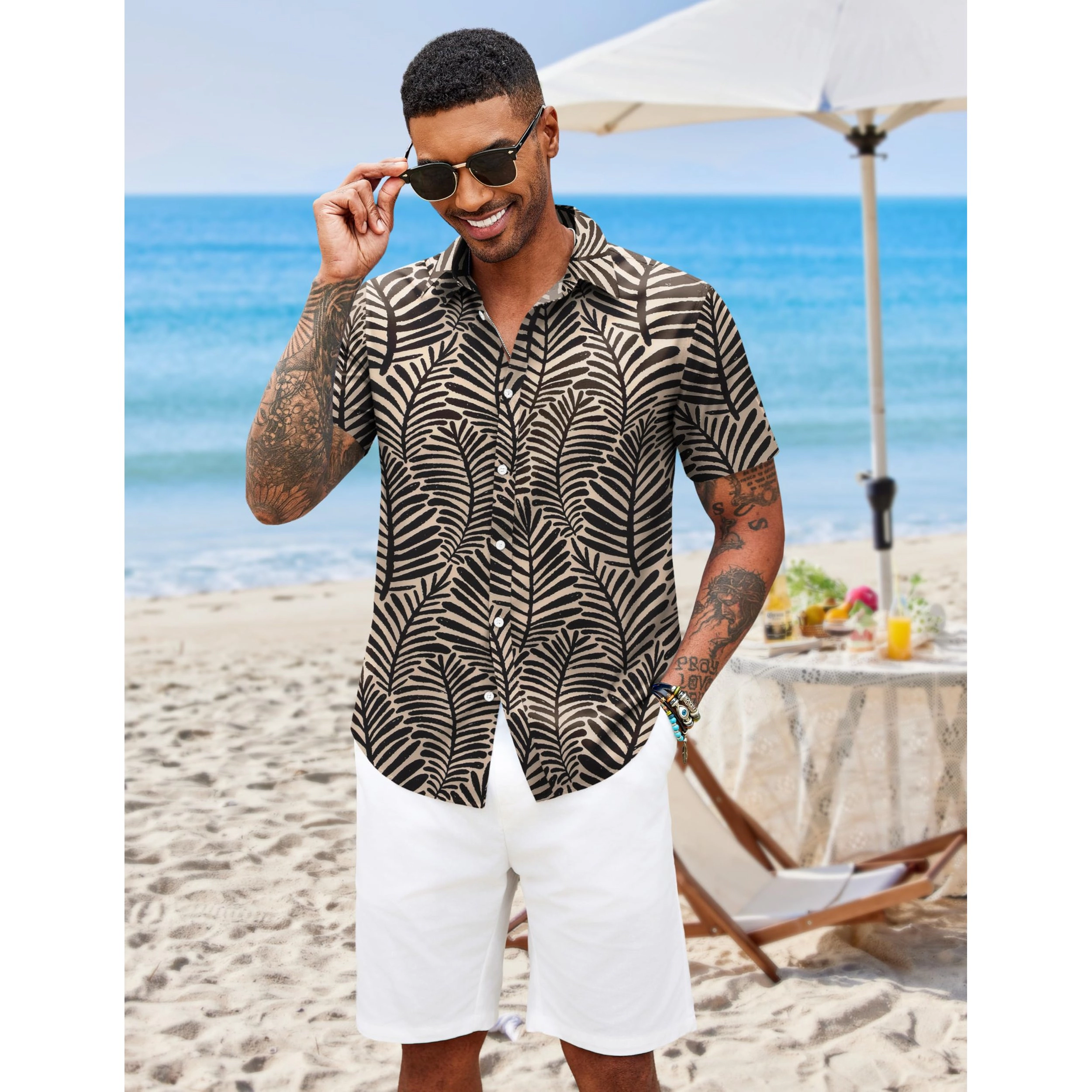 COOFANDY Mens Tropical Leaf Print Shirt Short Sleeve Camp Collar Button Down Tops