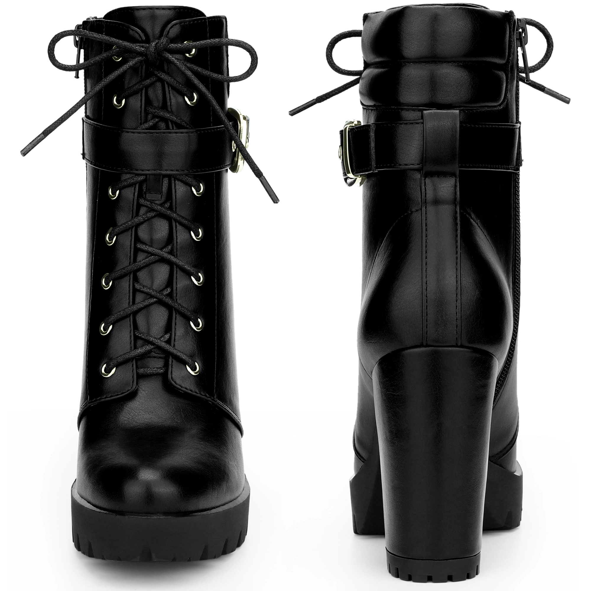 BLISSFUL STEP Women's Platform Lace Up Chunky Heel Buckle Ankle Combat Boots