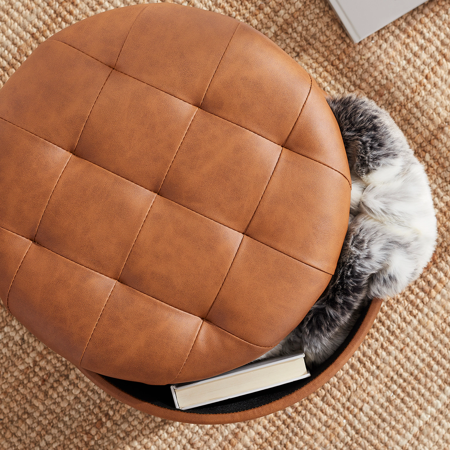 Ornavo Home Faux Leather Round Storage Ottoman with Legs and Lift Off Lid