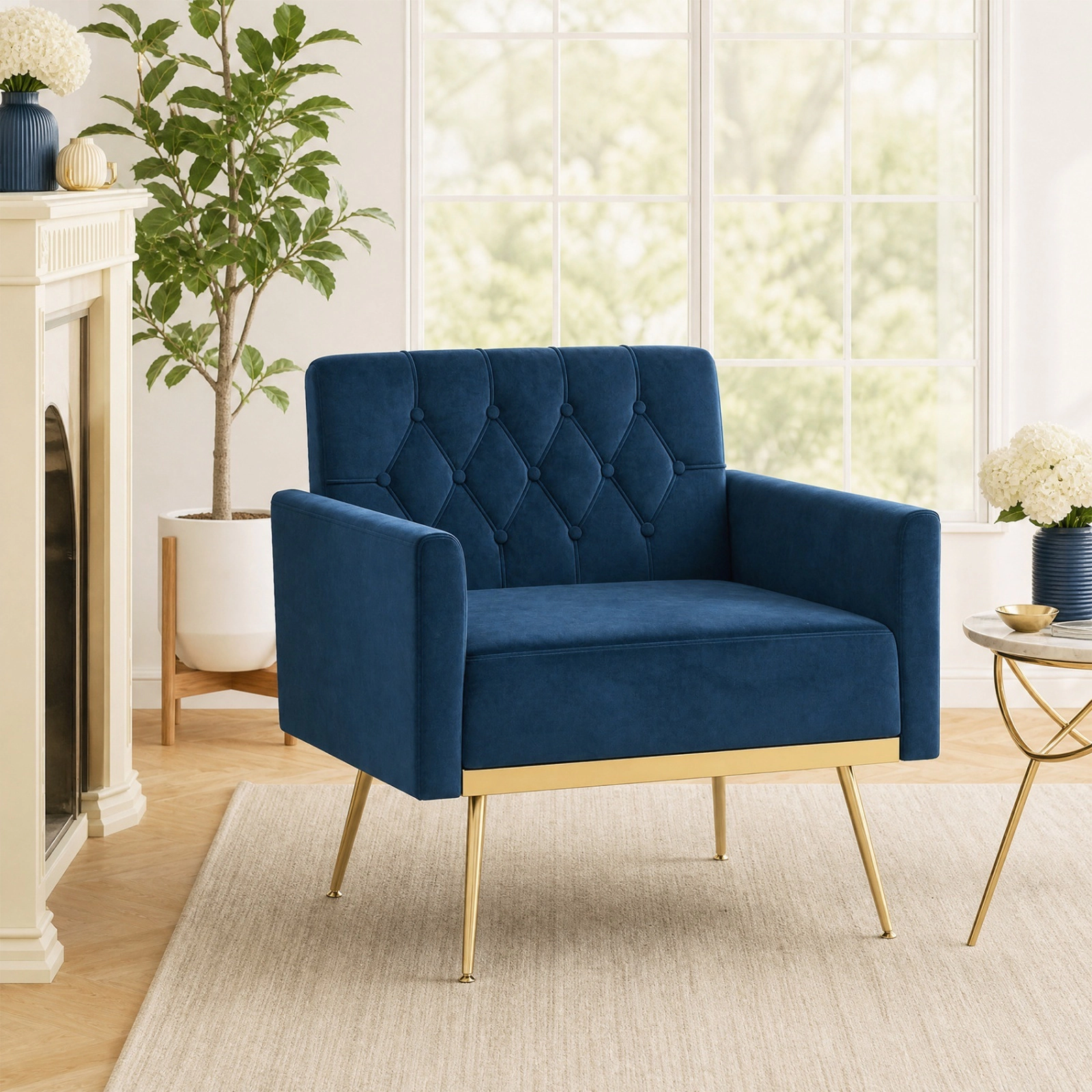 Modern Blue Velvet Accent Chair with Button-Tufted Back and Metal Legs