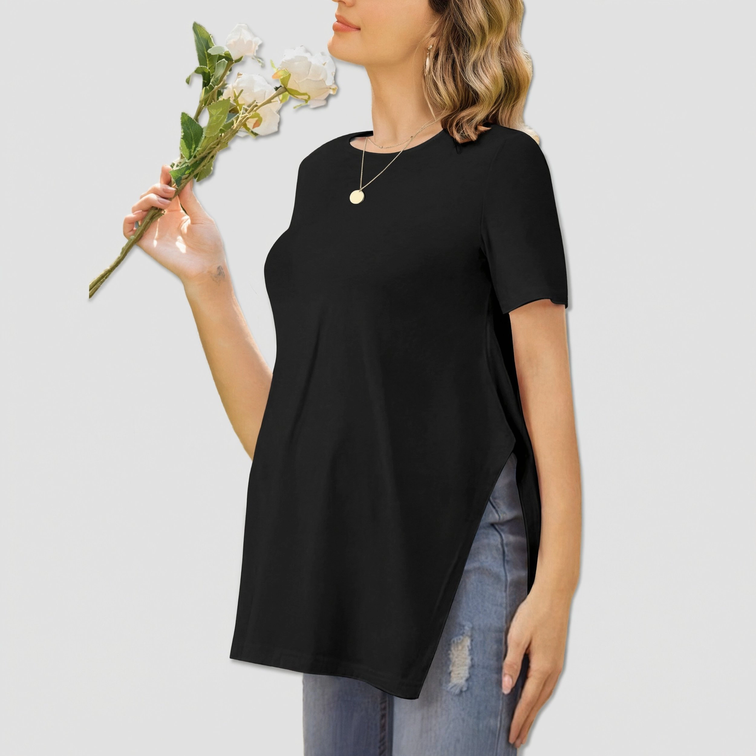 Ekouaer Maternity Shirts Short Sleeve Pregnancy Tops Split Side T Casual Crewneck Pregnant