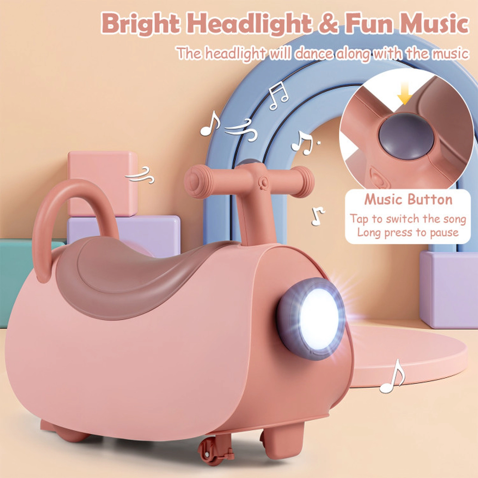 SUGIFT Pink Headlight Music and Under Seat Storage Toddler Ride On Push Car