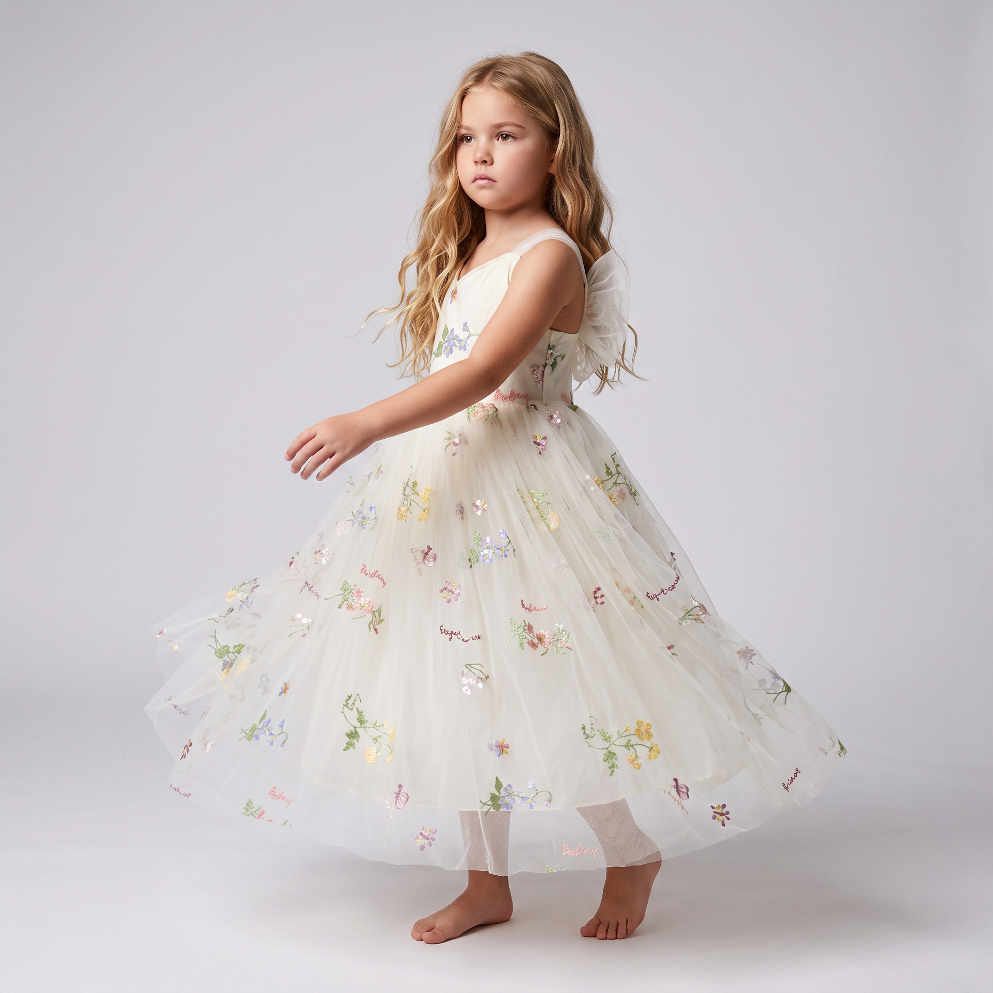 2Bunnies Girls' 2T-12Y Floral Garden Embroidered Tulle Maxi Dress with Cross-Back Tie Bow