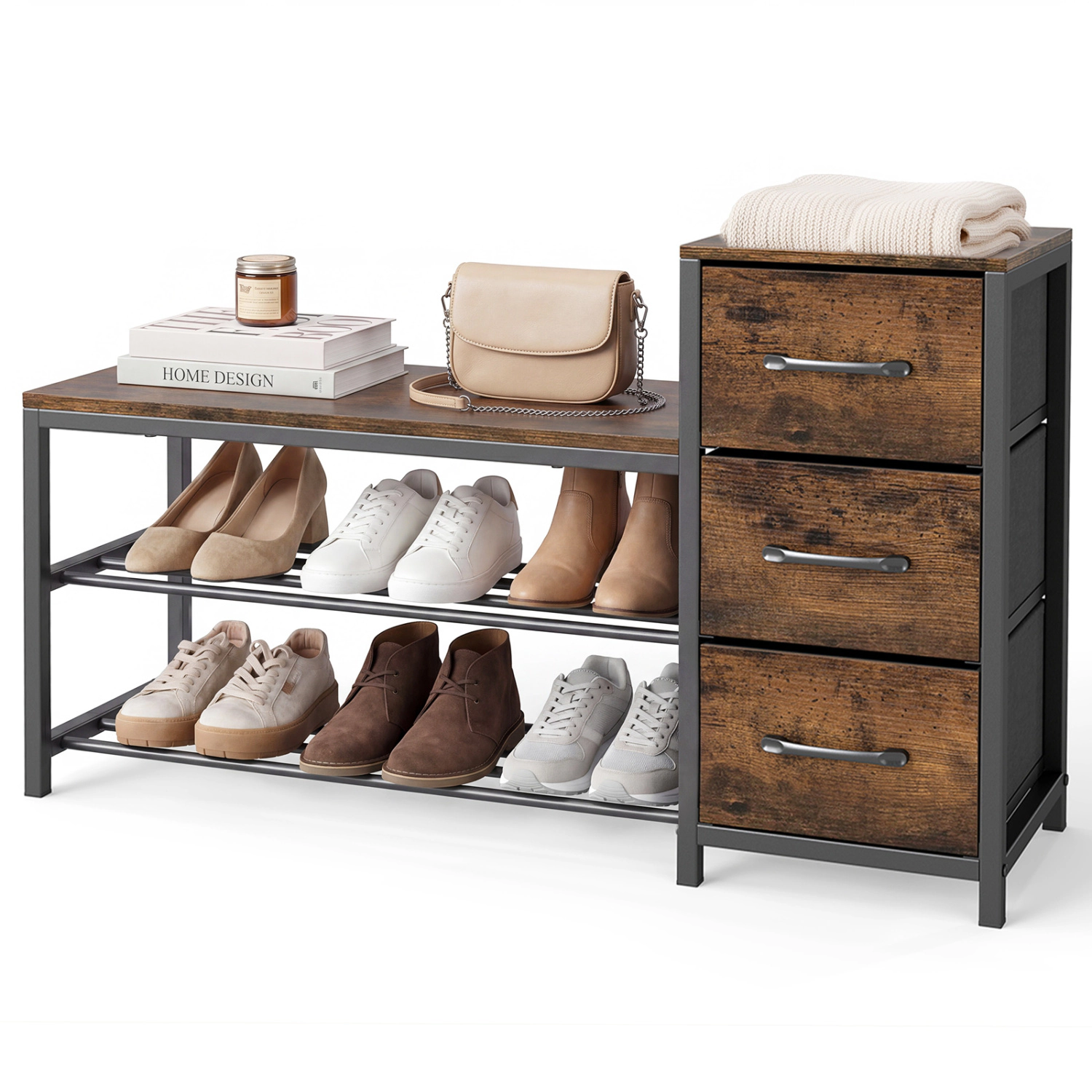 Glintex 3-Tier Industrial Shoe Bench with 3 Removable Fabric Drawers, Rustic Brown