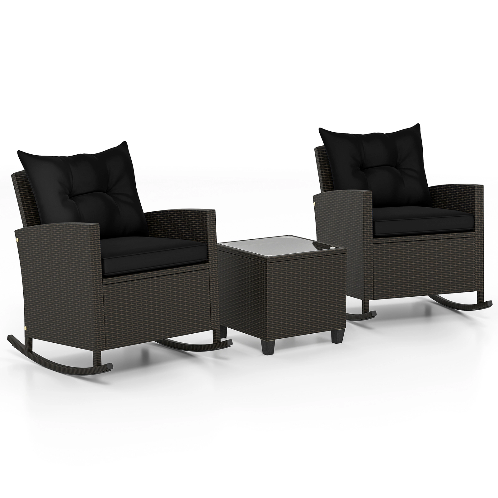 SUGIFT Rocking Conversation Set with Tempered Glass Coffee Table 400-lb Chair Capacity Black Rattan with Soft Cushions