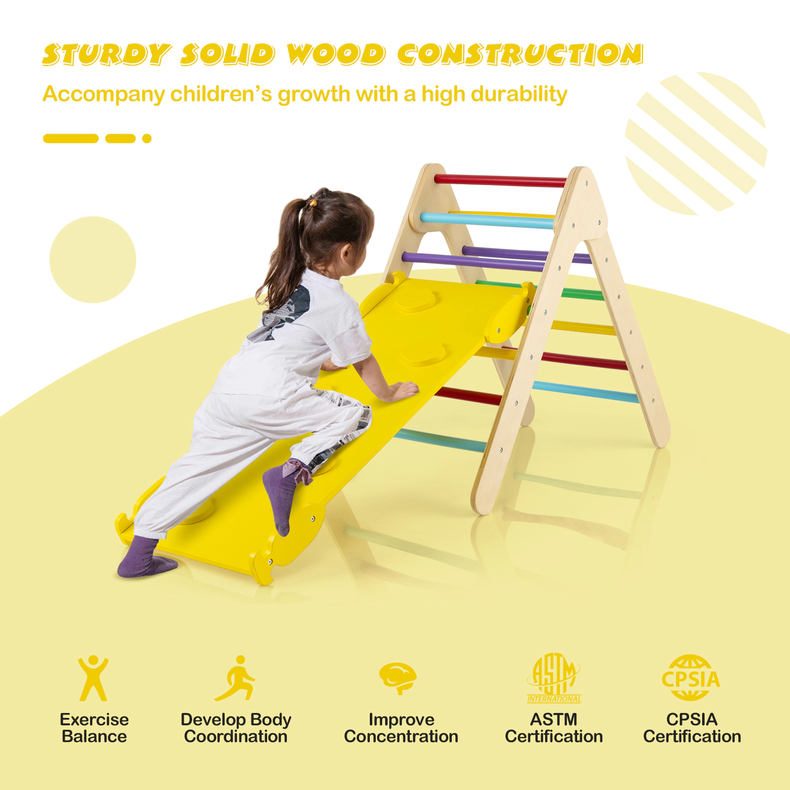 SUGIFT 3-in-1 Wooden Climbing Triangle Set with Reversible Ramp 110-lb Capacity Ages 1+ Multicolor/Natural