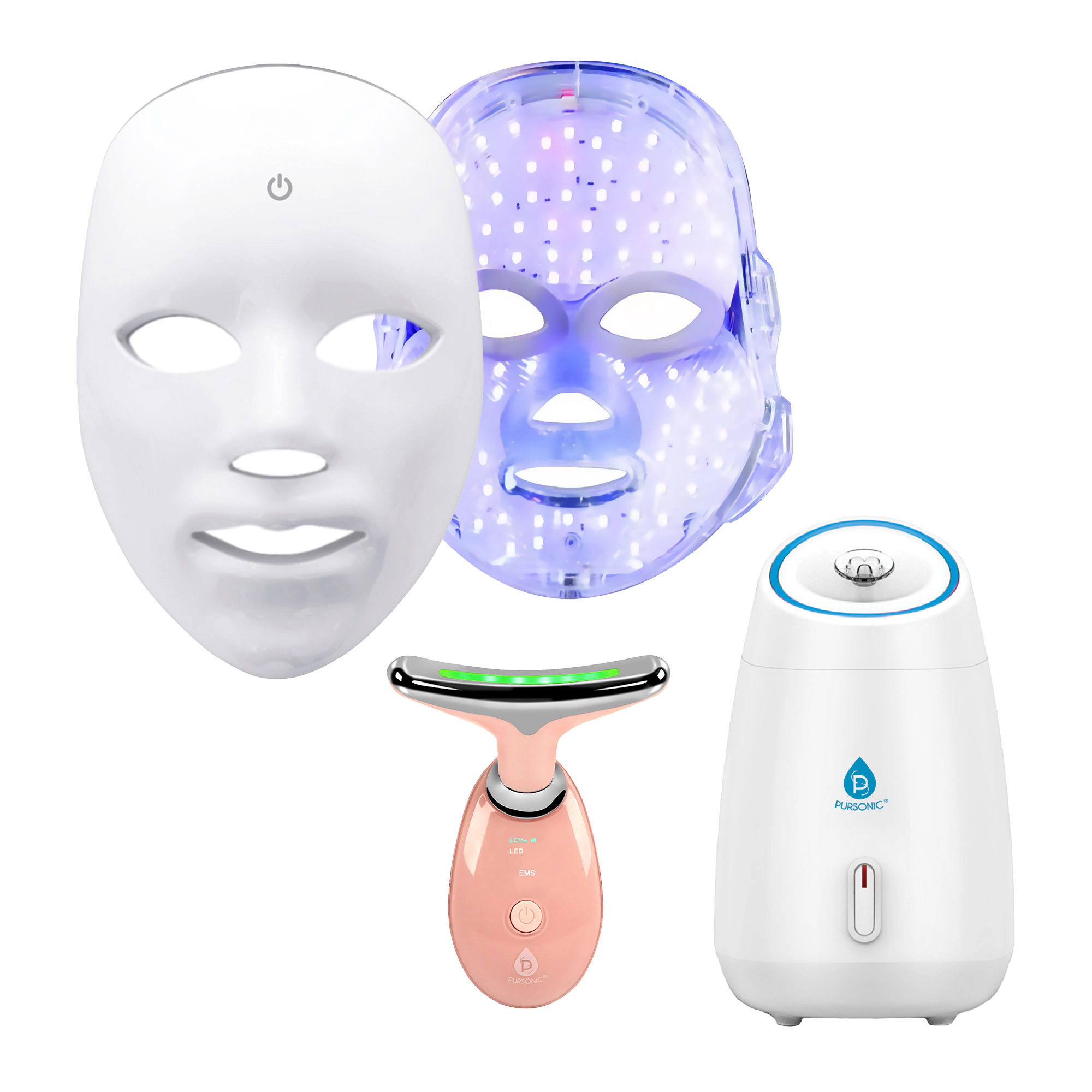 Pursonic Women's 3-in-1 LED Skincare Spa Bundle: 7-in-1 Face Mask, Sculpting Wand & Facial Steamer