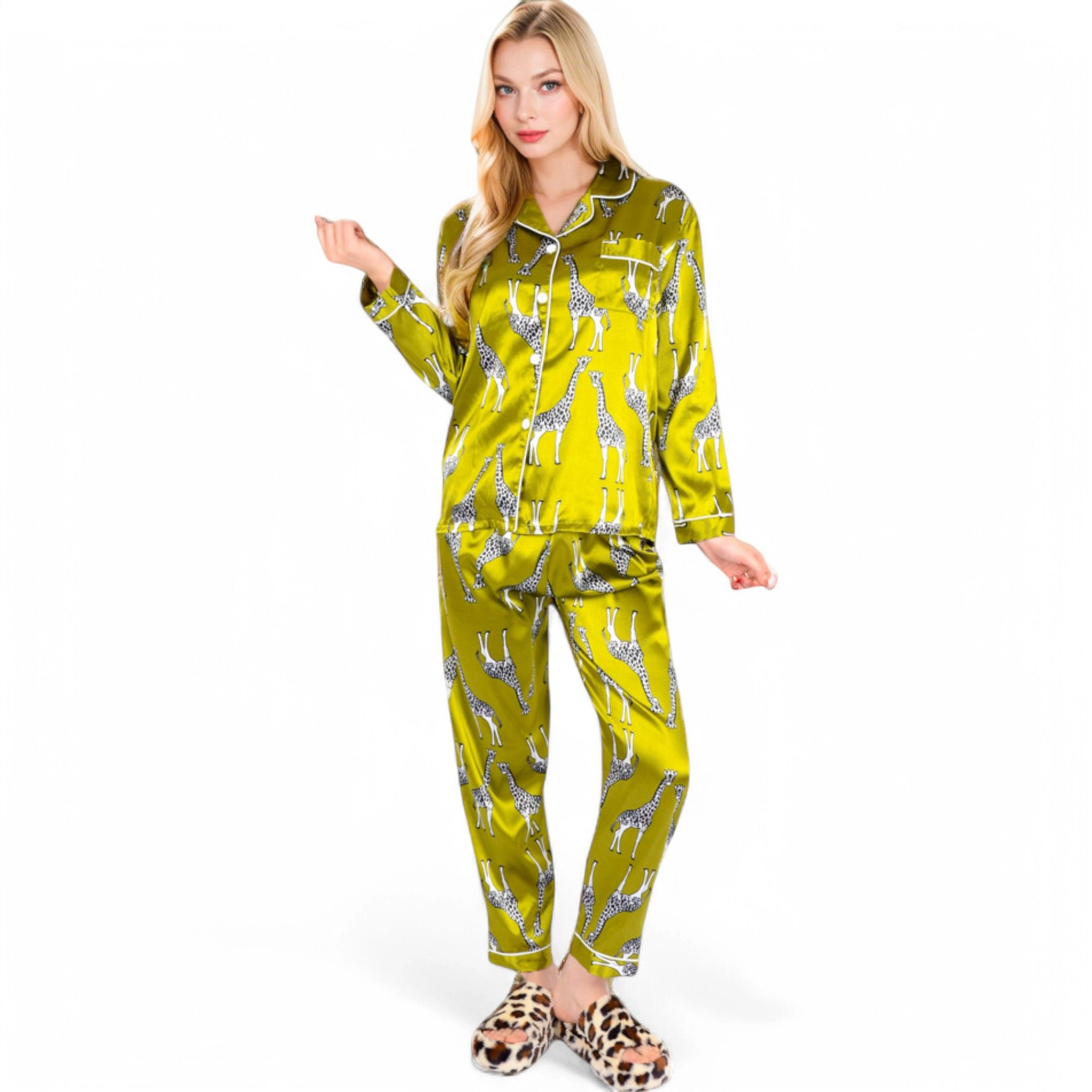 Anna-Kaci Women's Satin Pajama Set with Giraffe Print and Button Down Top