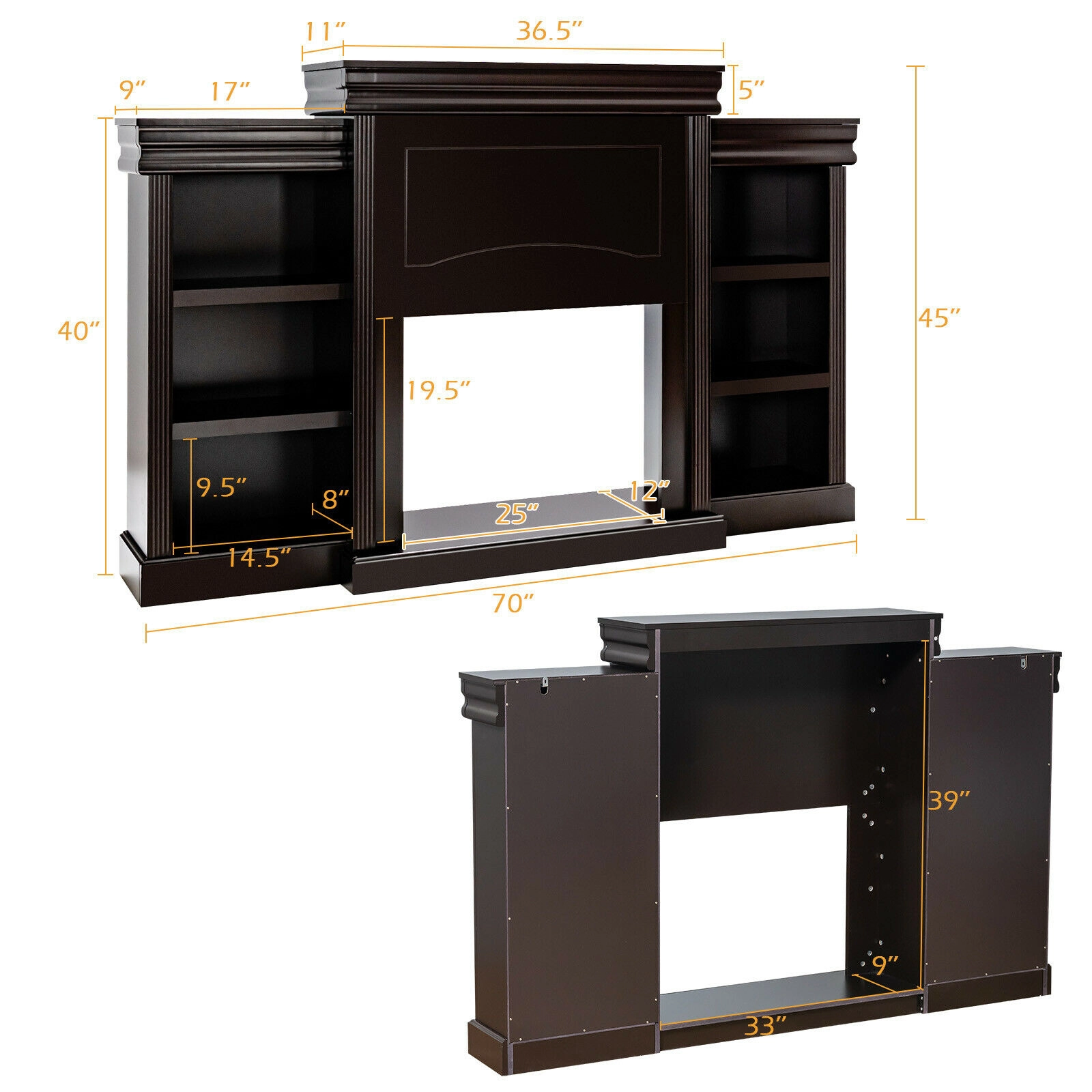SUGIFT 70-Inch Brown TV Stand with Bookcase, 6 Open Shelves and 28.5-Inch Fireplace Opening