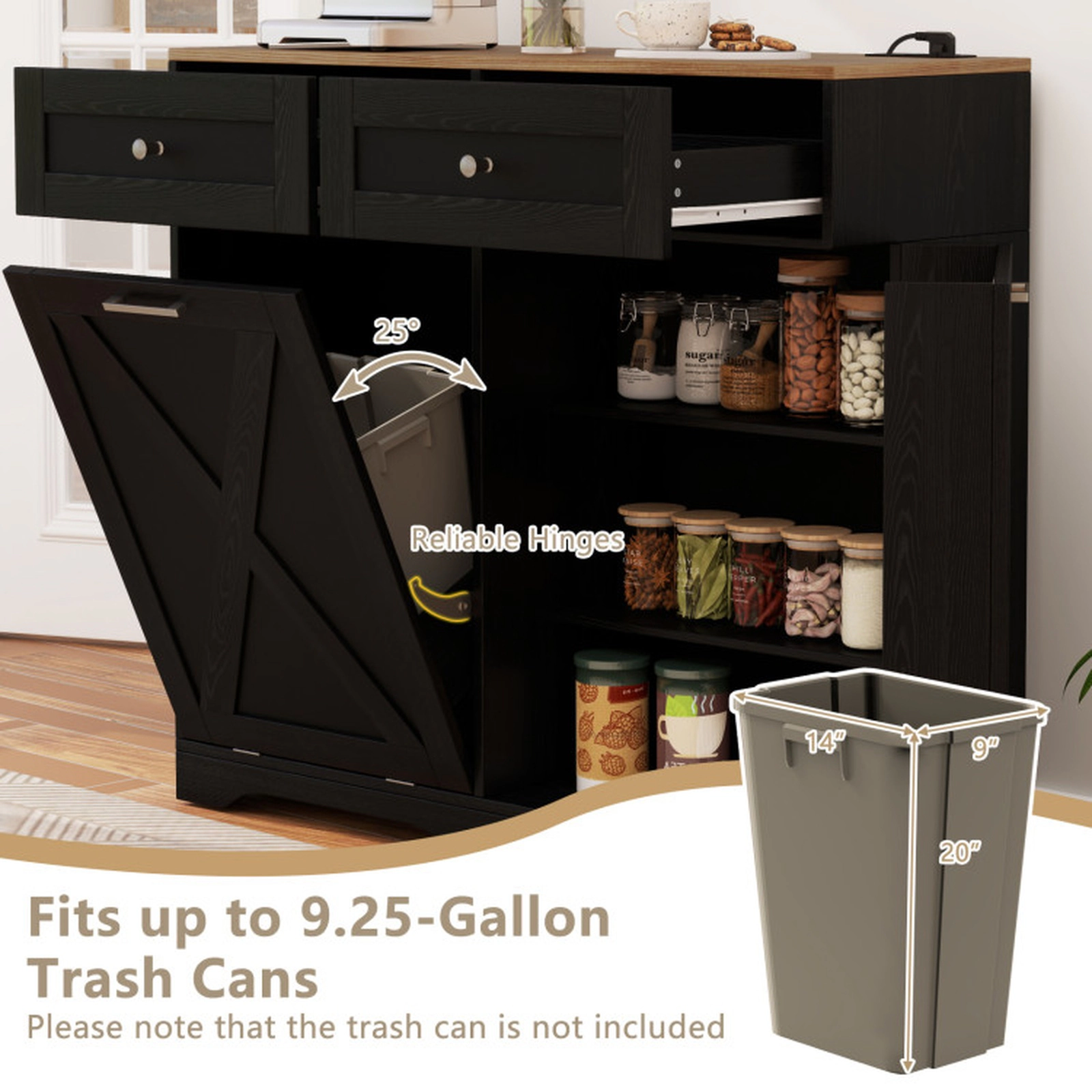 SUGIFT 39.5-in Black 100-lb Top Tilt Out Trash Can Cabinet with 2 Outlets 2 USB Ports and Adjustable Shelf