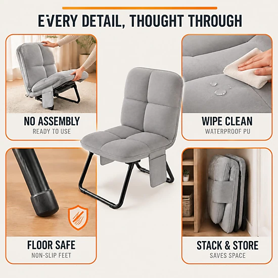 Gray Folding Upholstered Accent Chair with Metal Frame for Bedroom ...