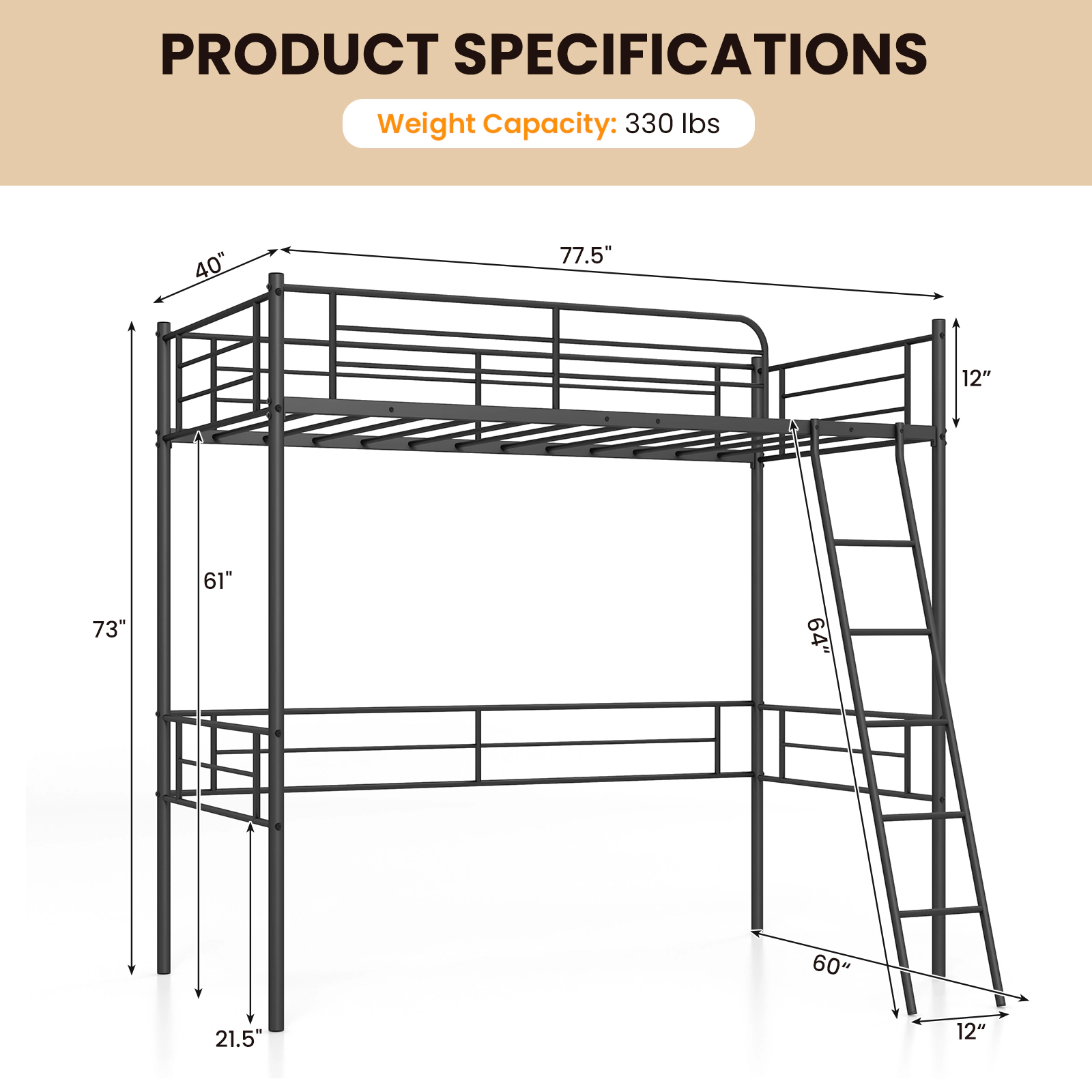 SUGIFT Metal Twin Loft Bed Frame with Guardrail and Ladder 330-lb Capacity Twin Size Black