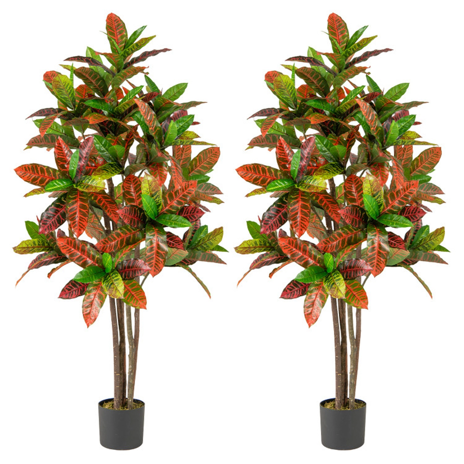 SUGIFT 5-ft Tall Artificial Croton Plant with Gradient Leaves and Nursery Pot 2-Pack 59-in Height Green+Red+Yellow+Brown