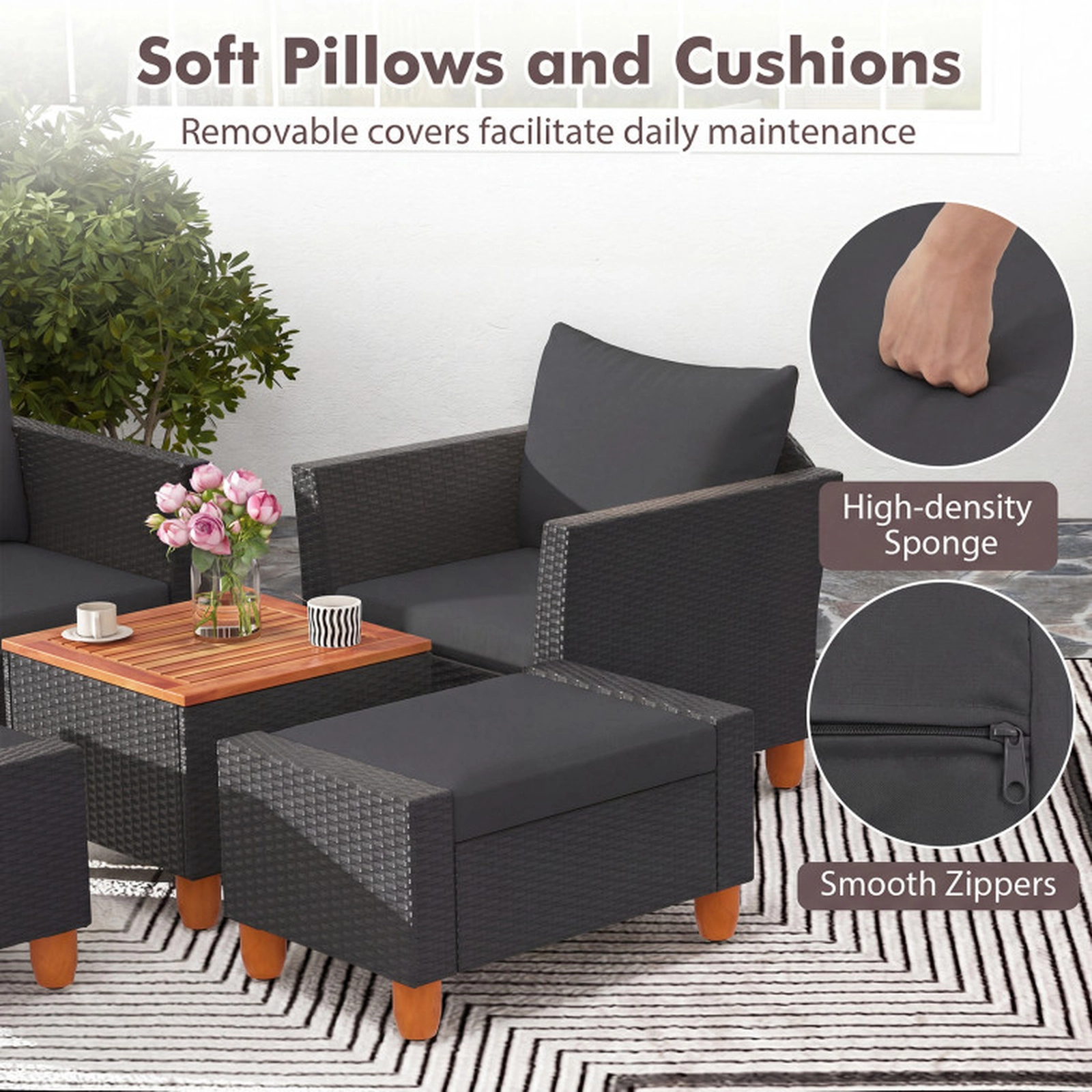 SUGIFT 5-Piece Black Patio Rattan Sofa Set with Storage Table and 2 Ottomans 15.5-in Seat H 400-lb Chair Capacity