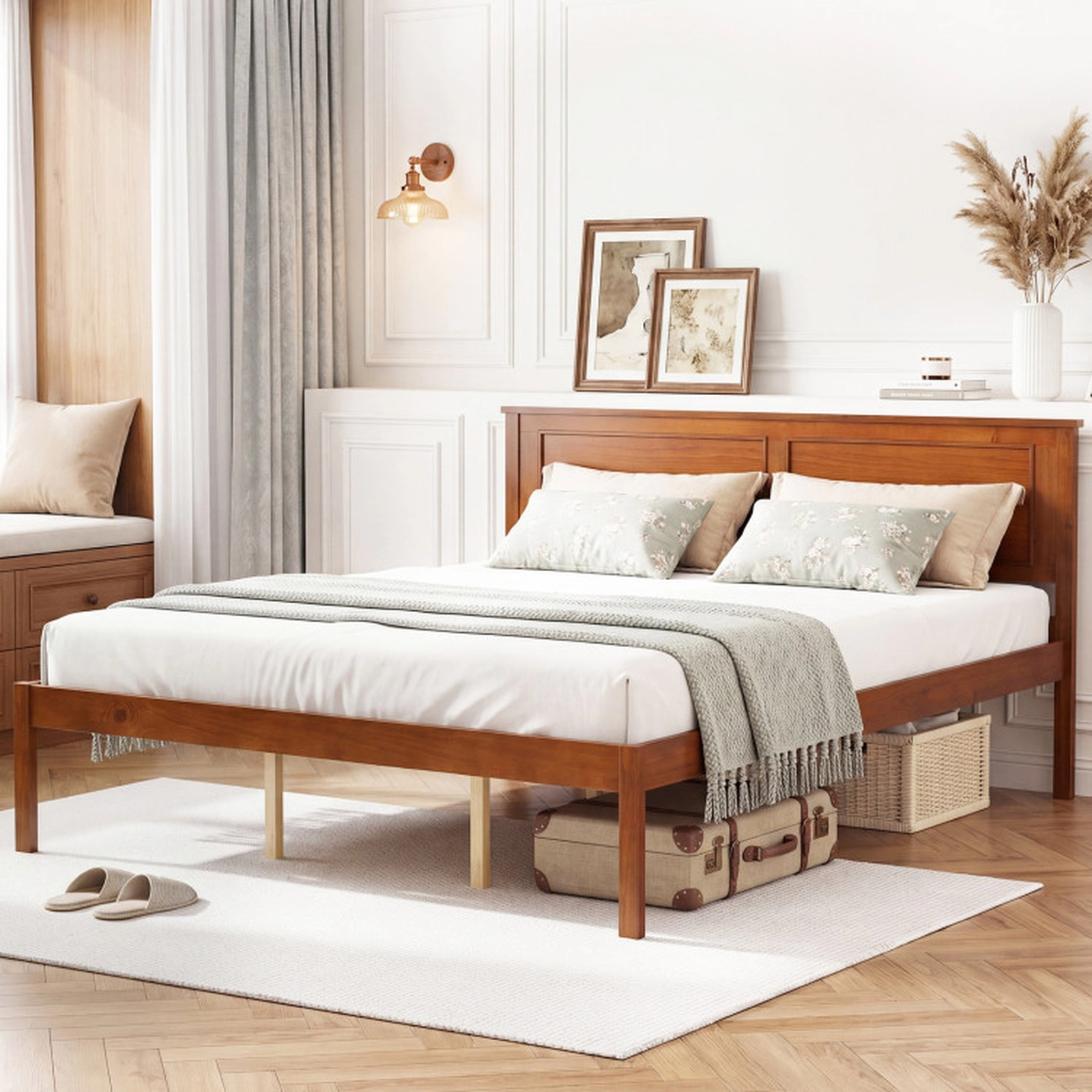 SUGIFT Walnut Panel Headboard Queen Size Farmhouse Wooden Platform Bed Frame