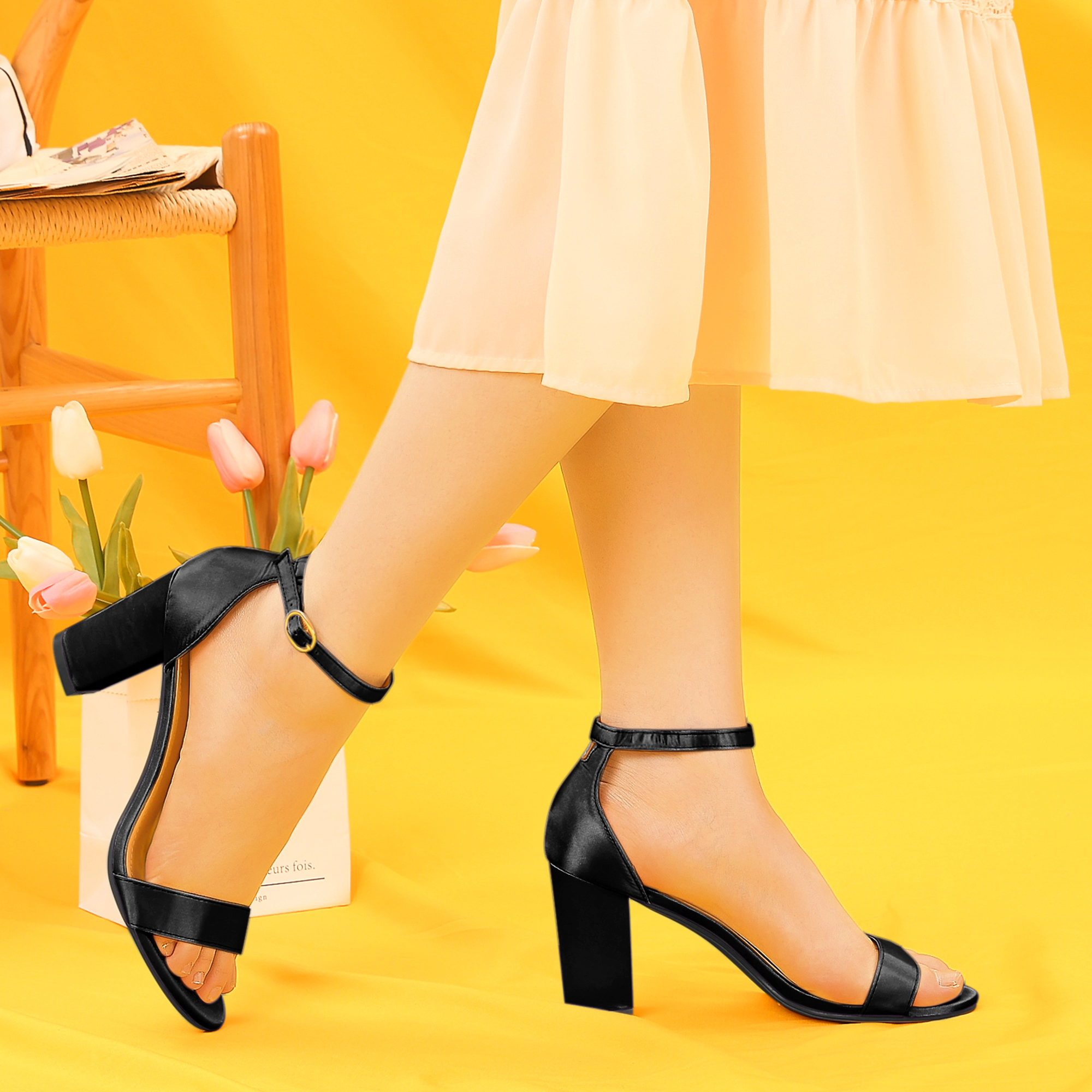 BLISSFUL STEP Women's Satin Open Toe Ankle Strap Chunky Heels Sandals