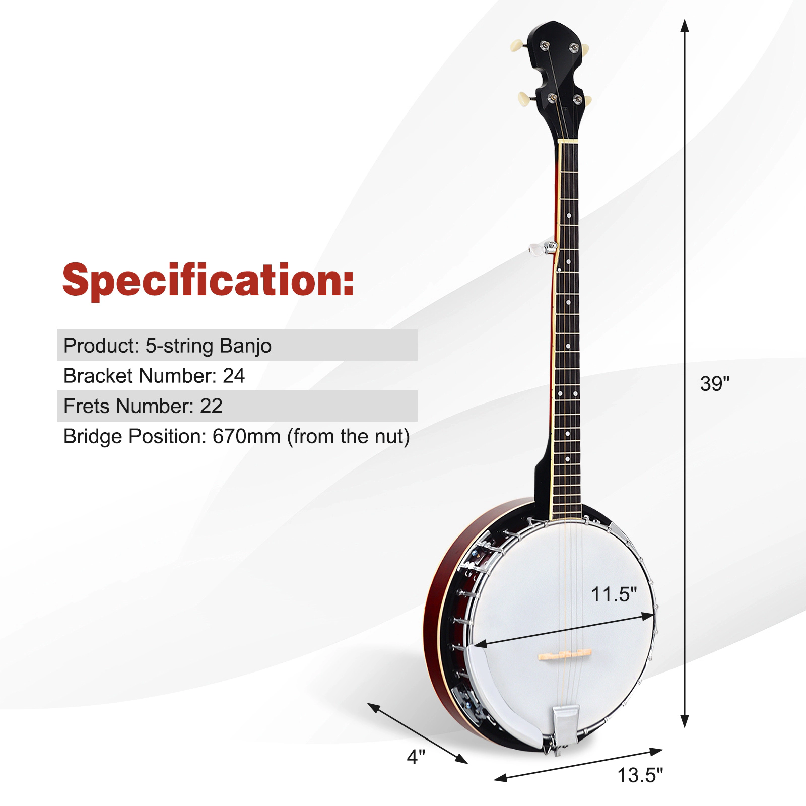 SUGIFT Unisex Brown 5-String Geared Tunable Banjo with Rosewood Fingerboard and Case 13.5-in W 4-in D 39-in H